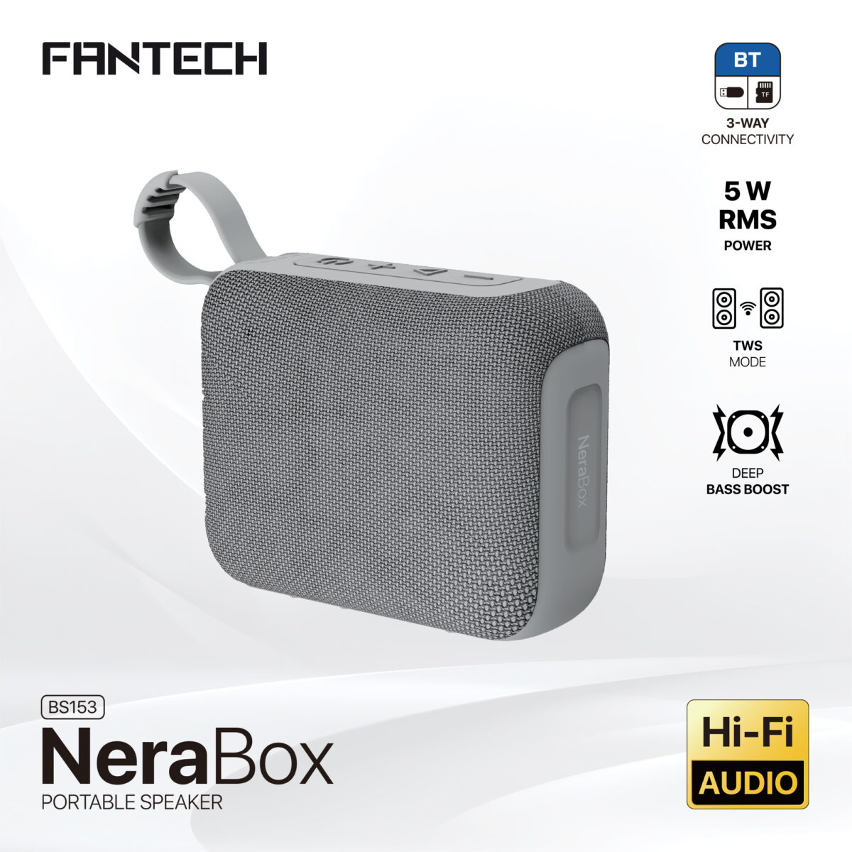 FANTECH-BS153-GREY Fantech Nerabox Bs153 Wireless Speaker Bluetooth 5.4/5W Rms/Tws Mode/Usb & Tf Card Support Fantech NeraBox BS153 Portable Speaker With 3-Way Connectivity, TWS Stereo Mode, Deep Bass, 5W RMS Output, 1200mAh Battery, Passive Radiator, USB-C, TF Card, And USB Flash Drive Support | GREY