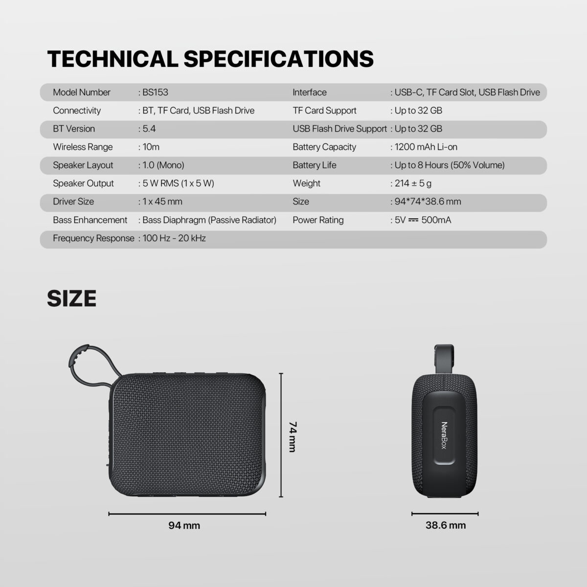 FANTECH-BS153-BLACK Fantech Nerabox Bs153 Wireless Speaker Bluetooth 5.4/5W Rms/Tws Mode/Usb & Tf Card Support Fantech NeraBox BS153 Portable Speaker With 3-Way Connectivity, TWS Stereo Mode, Deep Bass, 5W RMS Output, 1200mAh Battery, Passive Radiator, USB-C, TF Card, And USB Flash Drive Support | BLACK FANTECH-BS153-BLACK Fantech Nerabox Bs153 Wireless Speaker Bluetooth 5.4/5W Rms/Tws Mode/Usb & Tf Card Support Fantech NeraBox BS153 Portable Speaker With 3-Way Connectivity, TWS Stereo Mode, Deep Bass, 5W RMS Output, 1200mAh Battery, Passive Radiator, USB-C, TF Card, And USB Flash Drive Support | BLACK 