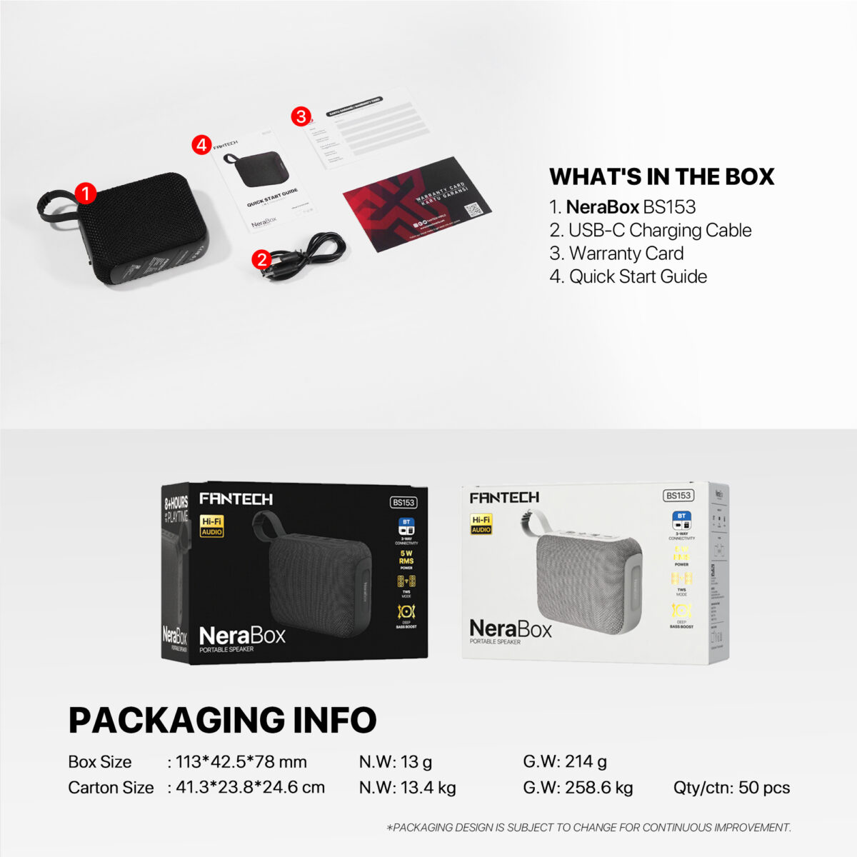 FANTECH-BS153-BLACK Fantech Nerabox Bs153 Wireless Speaker Bluetooth 5.4/5W Rms/Tws Mode/Usb & Tf Card Support Fantech NeraBox BS153 Portable Speaker With 3-Way Connectivity, TWS Stereo Mode, Deep Bass, 5W RMS Output, 1200mAh Battery, Passive Radiator, USB-C, TF Card, And USB Flash Drive Support | BLACK 