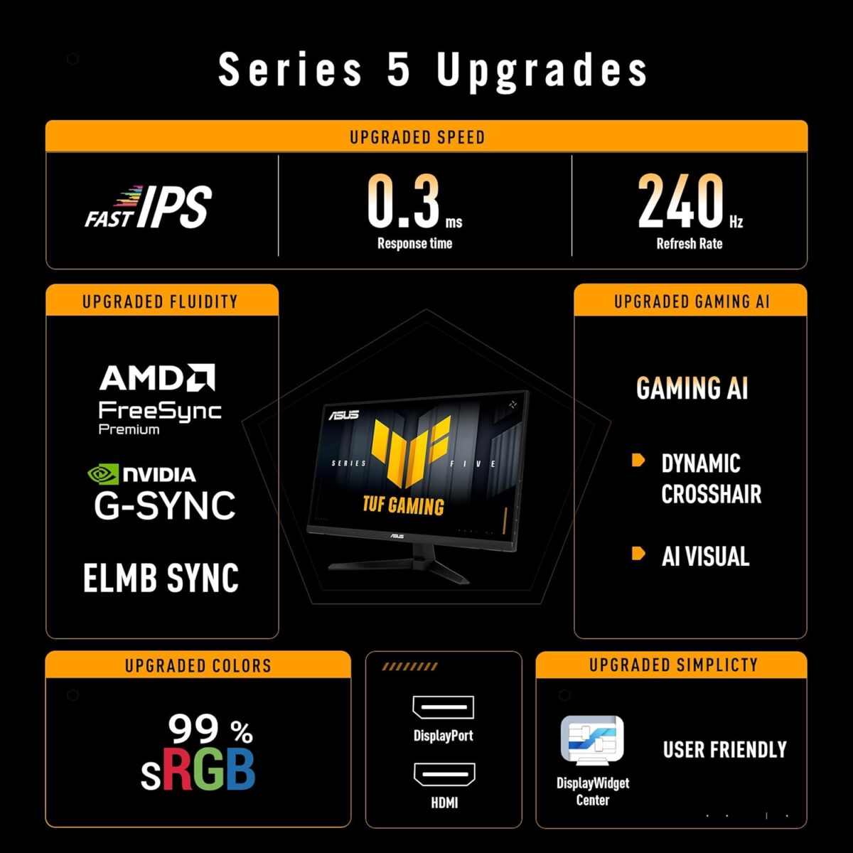 VG249QM5A ASUS TUF Gaming Series 5 VG249QM5A – 23.8-Inch FHD Fast IPS 240Hz Monitor, 0.3ms Response, ELMB SYNC, G-SYNC & FreeSync Premium, HDR10, 99% sRGB, DisplayWidget Center, Gaming AI, Speakers 