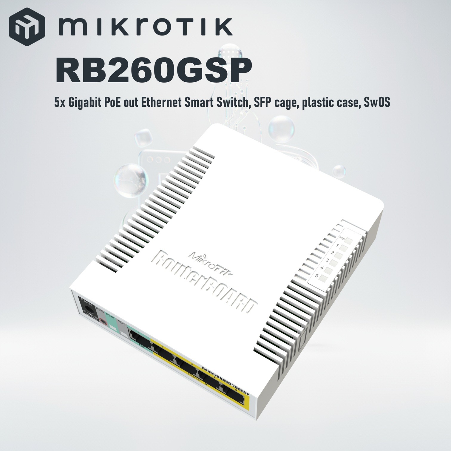 RB260GSP Mikrotik RB260GSP 5 Gigabit Ethernet Ports and One SFP Cage MikroTik RB260GSP Smart PoE Switch - 5× Gigabit PoE-Out LAN Ports + 1× SFP Slot , 53W Max , Passive PoE 11–30V , SwOS Managed , QCA8337 Chip , Compact Fanless Design | CSS106-1G-4P-1S
