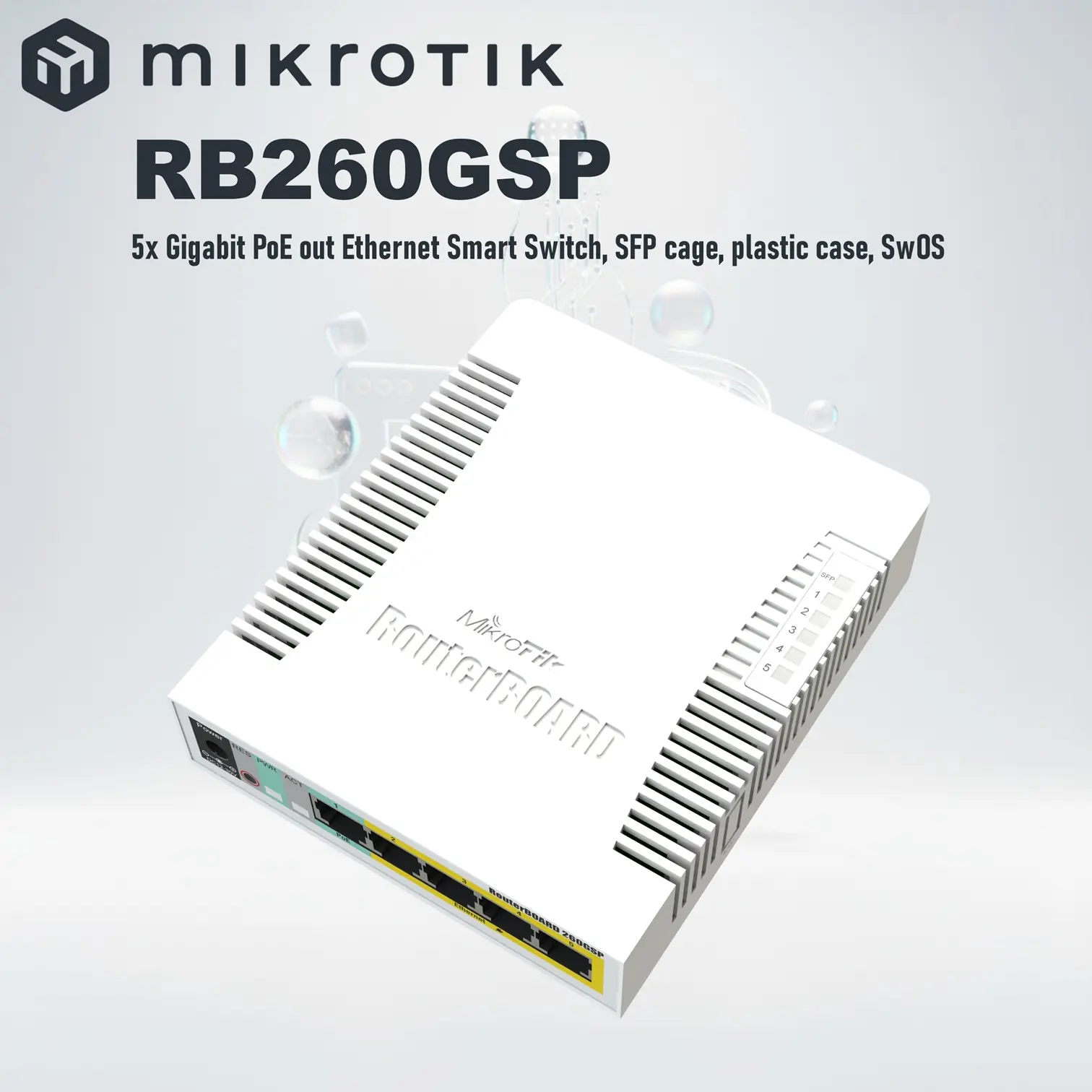 RB260GSP Mikrotik RB260GSP 5 Gigabit Ethernet Ports and One SFP Cage MikroTik RB260GSP Smart PoE Switch - 5× Gigabit PoE-Out LAN Ports + 1× SFP Slot , 53W Max , Passive PoE 11–30V , SwOS Managed , QCA8337 Chip , Compact Fanless Design | CSS106-1G-4P-1S