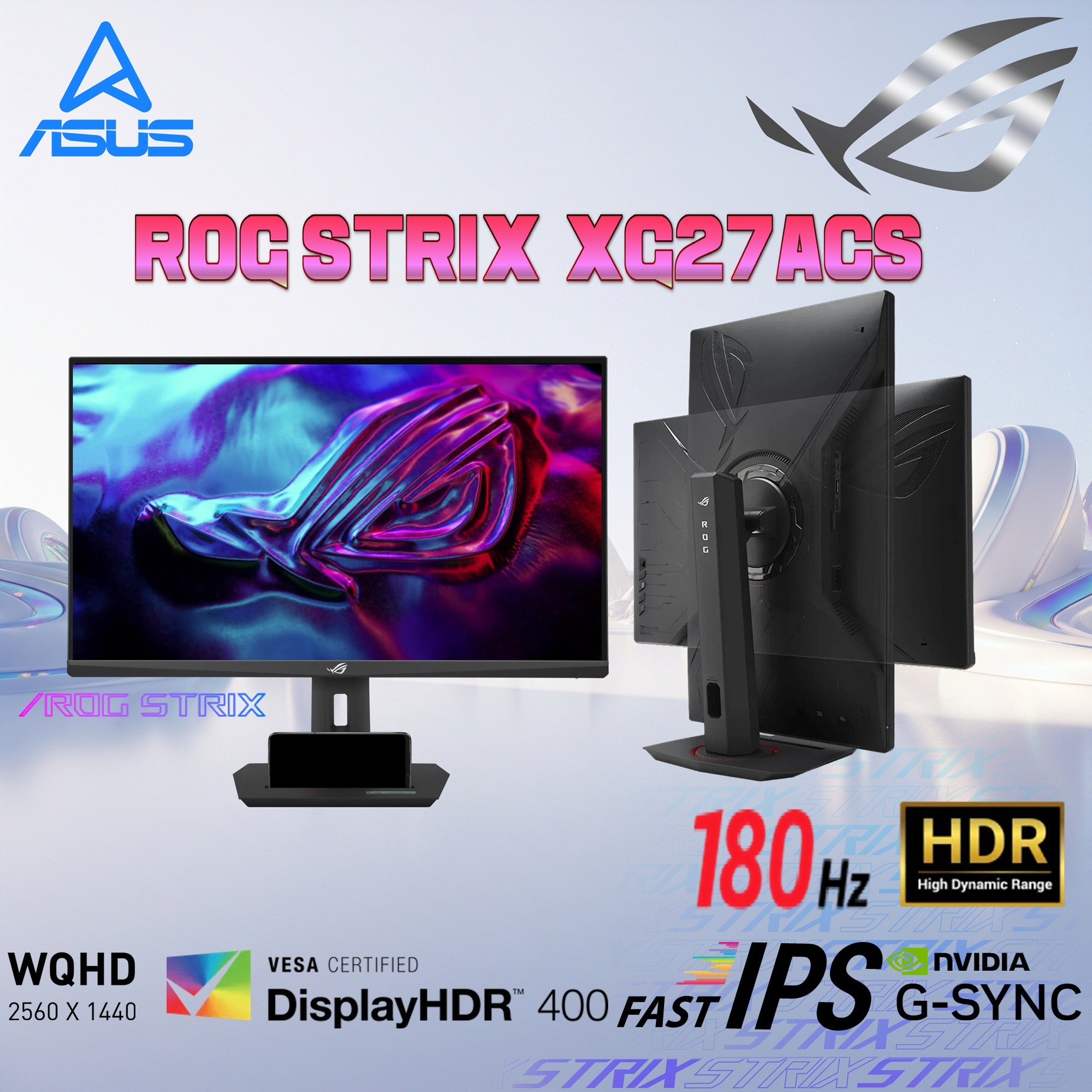 XG27ACS ROG Strix XG27ACS USB Type-C Gaming Monitor – 27-inch 2560x1440, 180Hz (Above 144Hz), 1ms (GTG), Fast IPS, Extreme Low Motion Blur Sync, USB Type-C, G-Sync compatible, DisplayWidget Center, tripod socket, HDR, Tilt  - Swivel - Pivot  - Height Adjustment ASUS ROG Strix XG27ACS USB Type-C Gaming Monitor 27-Inch 1440p WQHD Fast IPS 180Hz 1ms GTG HDR Display G-Sync FreeSync ELMB Sync AI DisplayWidget Center Tripod Socket
