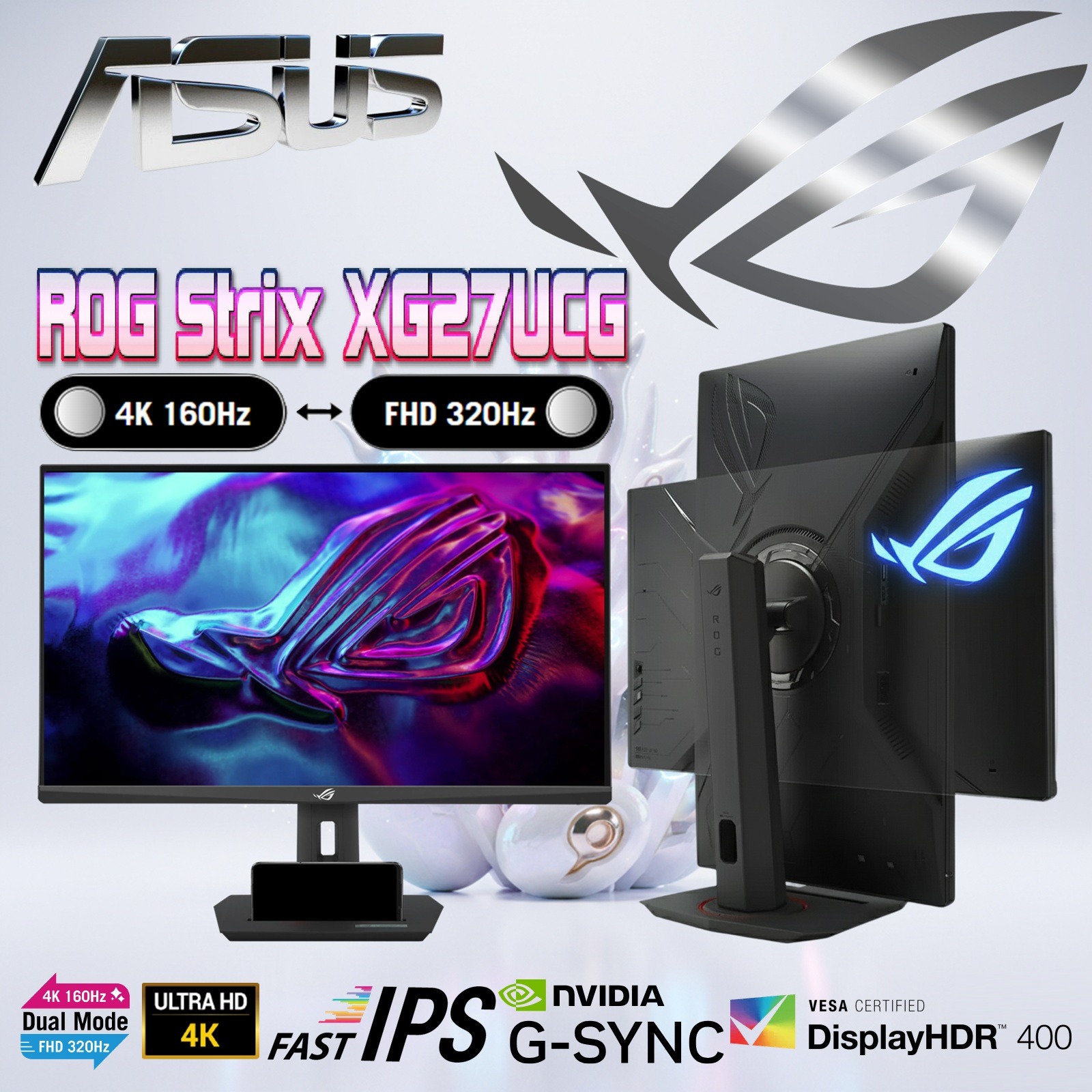 XG27UCG ASUS ROG Strix XG27UCG Dual mode 27-inch Gaming Monitor – Switch Between 4K 160Hz or FHD 320Hz , 1ms (GTG), Fast IPS, Extreme Low Blur Sync, USB Type-C, G-Sync , DisplayWidget Center, tripod socket, HDR, Aura Sync