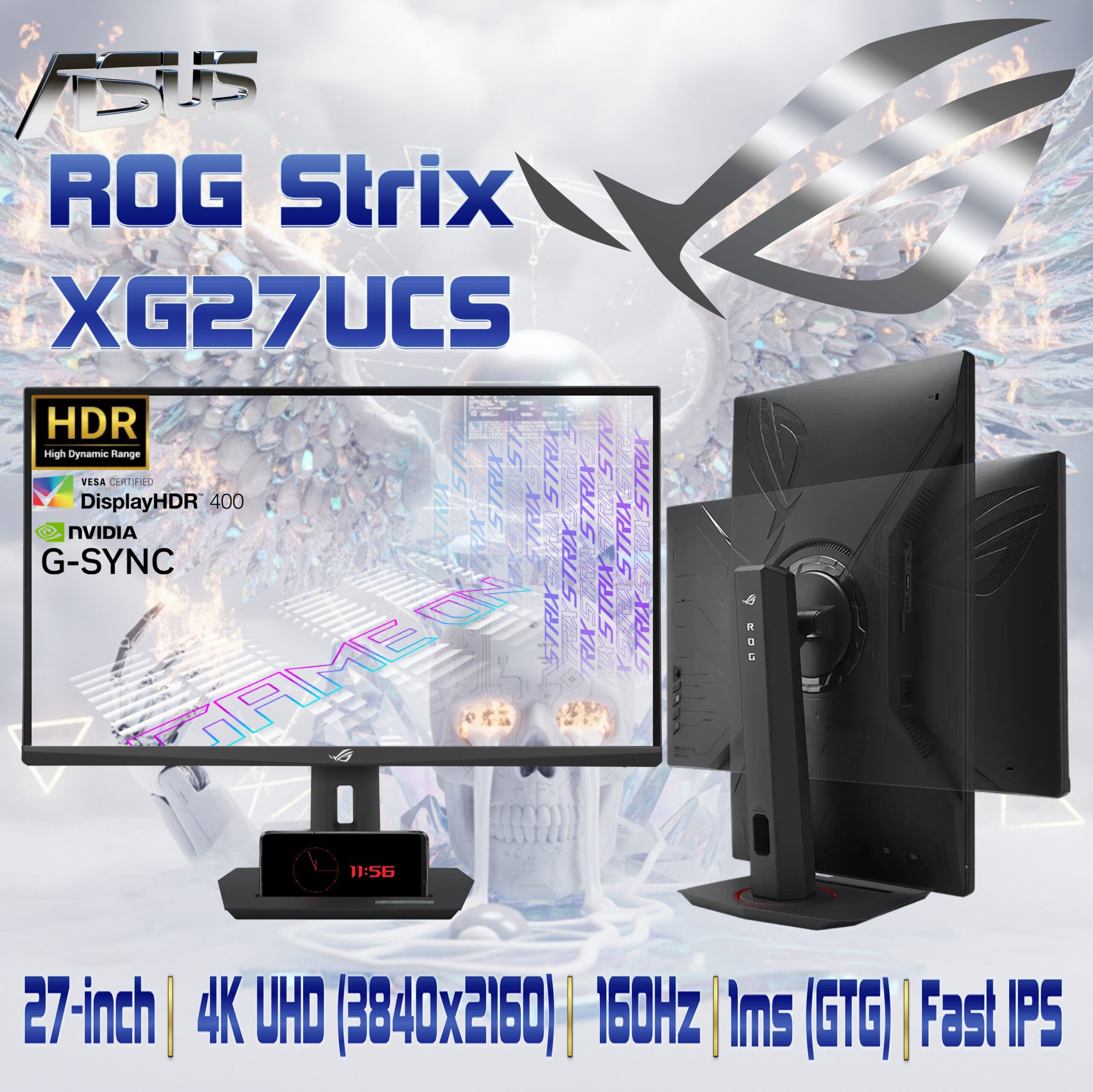 XG27UCS ASUS ROG Strix XG27UCS Gaming Monitor – 27-inch 4K UHD (3840x2160), 160Hz , 1ms GTG, Fast IPS, Extreme Low Motion Blur Sync, USB Type-C, G-Sync compatible, DisplayWidget Center, tripod socket, HDR, Fully Adjustable Stand 