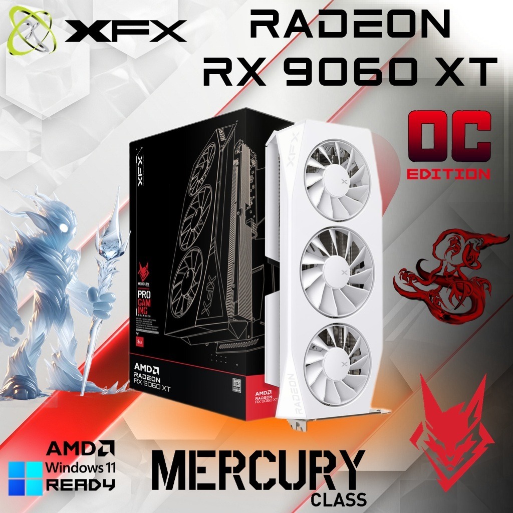 RX-96TMERCW9 XFX MERCURY AMD RADEON RX 9060 XT OC 16GB WHITE XFX Mercury AMD Radeon RX 9060 XT OC 16GB GDDR6 ,  Apparatus Accelerating Advanced 1440p Action, AI-Assisted AMD Architecture, Aerodynamic Triple-Fan Assembly , 3320MHz Boost Clock, XFX LED Light Bar | WHITE ~ RX-96TMERCW9