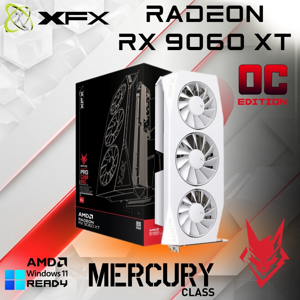 RX-96TMERCW9 XFX MERCURY AMD RADEON RX 9060 XT OC 16GB WHITE XFX Mercury AMD Radeon RX 9060 XT OC 16GB GDDR6 ,  Apparatus Accelerating Advanced 1440p Action, AI-Assisted AMD Architecture, Aerodynamic Triple-Fan Assembly , 3320MHz Boost Clock, XFX LED Light Bar | WHITE ~ RX-96TMERCW9