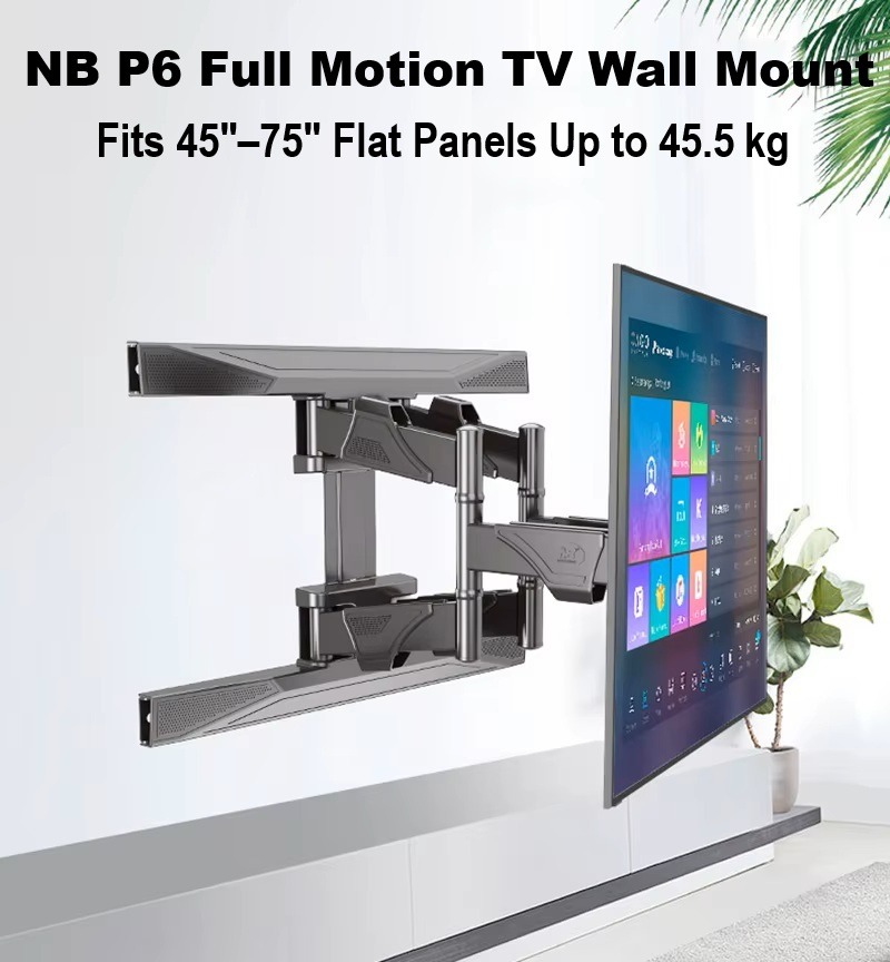 NB-P6 NB P6 Wall Bracket Mount Cantilever Full Motion Cantilever Mount for TV’s NB P6 Full Motion TV Wall Mount  Fits 45″–75″ Flat Panels ; Load Up to 45.5 kg ; Tilt +5°/-3°, Swivel 50°–80°, Rotate ±4° ; Retractable 52–380 mm ; VESA 200×200–600×400 mm