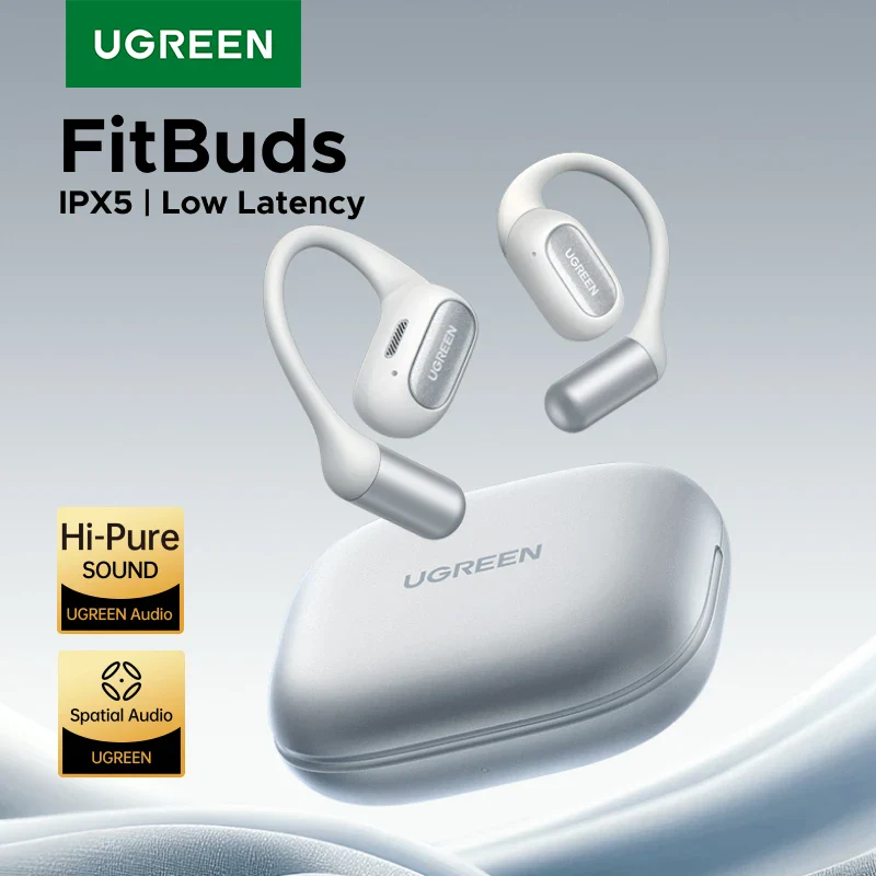 UGREEN FitBuds White Open-Ear Wireless Earbuds with Bluetooth 6.0, Dual Connection, IPX5 Resistance, Metal-Silica Build, USB-C Fast Charging, Ambient-Aware Sports Design