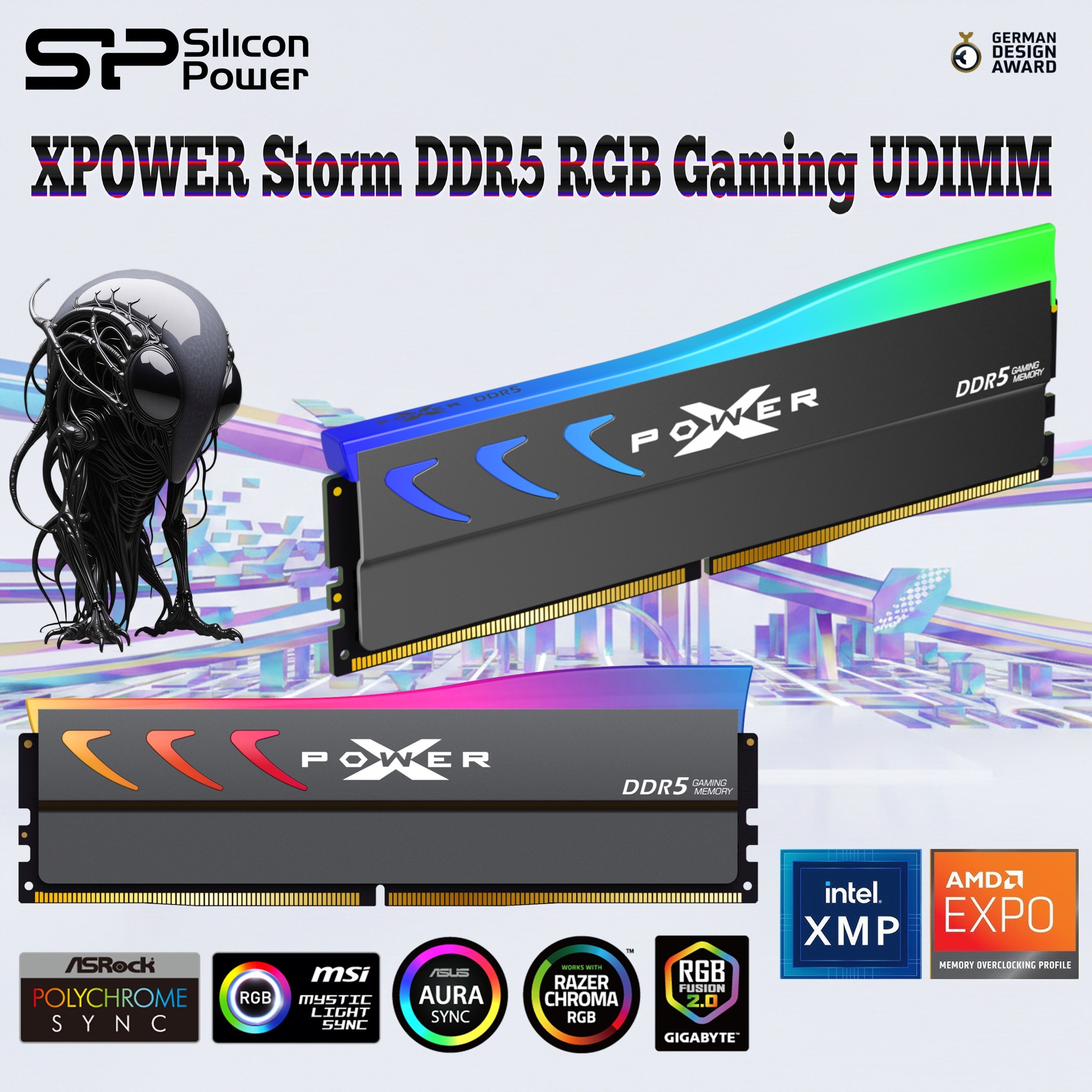 SP064GXLWU60EFDK RAM SILICON POWER 64GB (32X2) 6000MHZ RGB Silicon Power XPOWER Storm DDR5 64GB RAM Kit (2×32GB) 6000MT/s PC5-48000 CL38 1.35V RGB 288-pin UDIMM With PMIC, On-Die ECC, Shark-Fin Aluminum Heat Spreader & XMP/EXPO Support | Gray ~ SP064GXLWU60EFDK