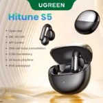 UGREEN HiTune S5 Black Open Ear Clip Wireless Earbuds with Bluetooth 5.4, 30-Hour Playback, 12mm Dynamic Drivers, AI ENC Calls, 80ms Low Latency, IPX5 Rating, USB-C Fast Charging