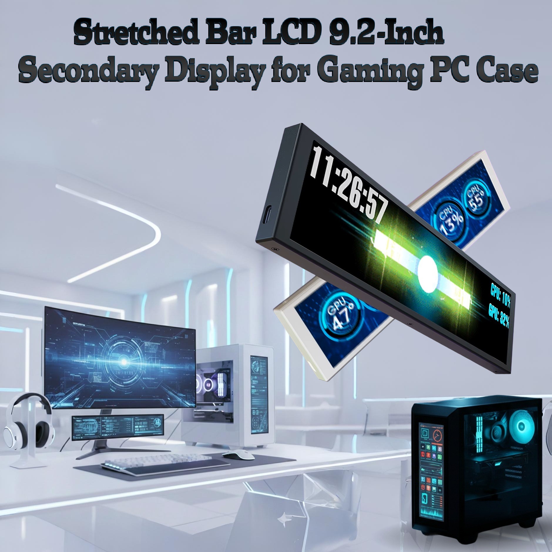 MIRABOX-D92 9.2" LCD SECONDARY SCREEN MINI DISPLAY ON PC CHASSIS Stretched Bar LCD 9.2-Inch Secondary Display for Gaming PC Case With 1920×462 Resolution, Aluminum Alloy Housing, USB Direct Connection, Theme Customization, Screen Rotation, Video Playback Support | BLACK ~ MIRABOX-D92