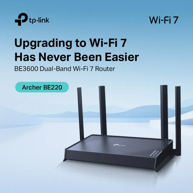 TP-Link Archer BE220 BE3600 Dual-Band WiFi 7 Router with 3.6 Gbps Speeds, Full Gigabit Ports, EasyMesh Support, HomeShield Security, Multi-Link Operation and Expanded Coverage