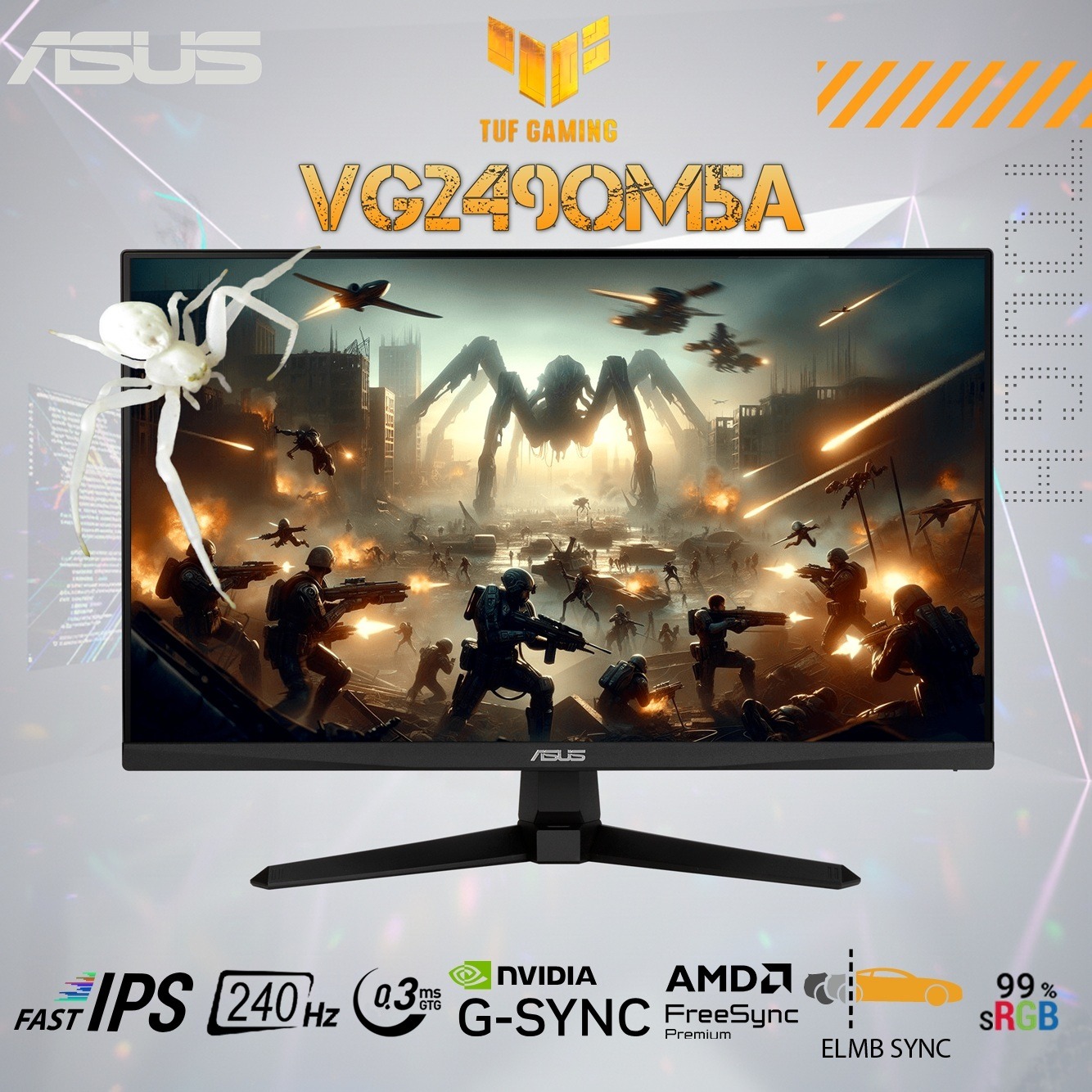 VG249QM5A ASUS TUF Gaming Series 5 VG249QM5A – 23.8-Inch FHD Fast IPS 240Hz Monitor, 0.3ms Response, ELMB SYNC, G-SYNC & FreeSync Premium, HDR10, 99% sRGB, DisplayWidget Center, Gaming AI, Speakers ASUS TUF Gaming Series 5 - VG249QM5A Gaming Monitor – 23.8-inch Full HD Fast-IPS panel, 240Hz, 0.3ms , G-SYNC® compatible, AMD FreeSync™ Premium, ELMB SYNC, 99% sRGB, DisplayWidget Center, Gaming AI