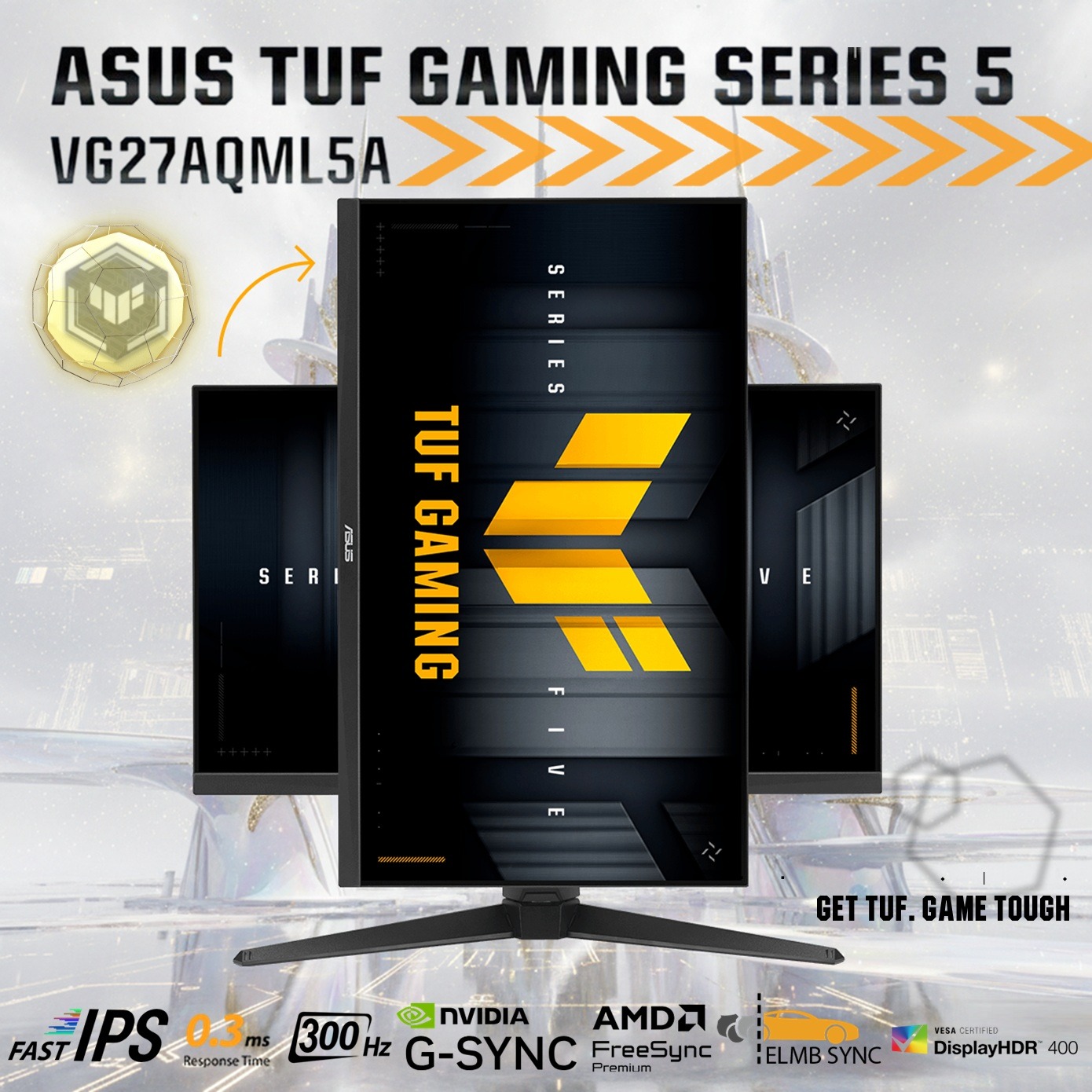 VG27AQML5A TUF Gaming Series 5 - VG27AQML5A Gaming Monitor – 27-inch QHD Fast-IPS panel, 300Hz, 0.3ms , G-SYNC® compatible AMD FreeSync Premium, ELMB SYNC, VESA DisplayHDR 400, 95% DCI-P3, DisplayWidget Center, Gaming AI , Tilt - Swivel - Pivot - Height Adjustment