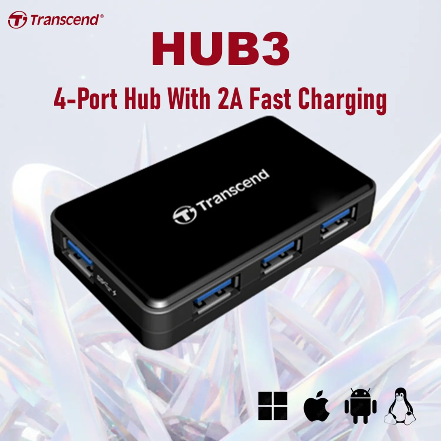 TS-HUB3K TRANSCEND 4 PORT HUB USB 3.1 GEN1 Transcend HUB3 : 4-Port Hub With 2A Fast Charging – USB 3.1 Gen 1 Interface, External Power Adapter, 10x Faster Transfer, LED Indicator, Windows/Mac/Linux Compatible