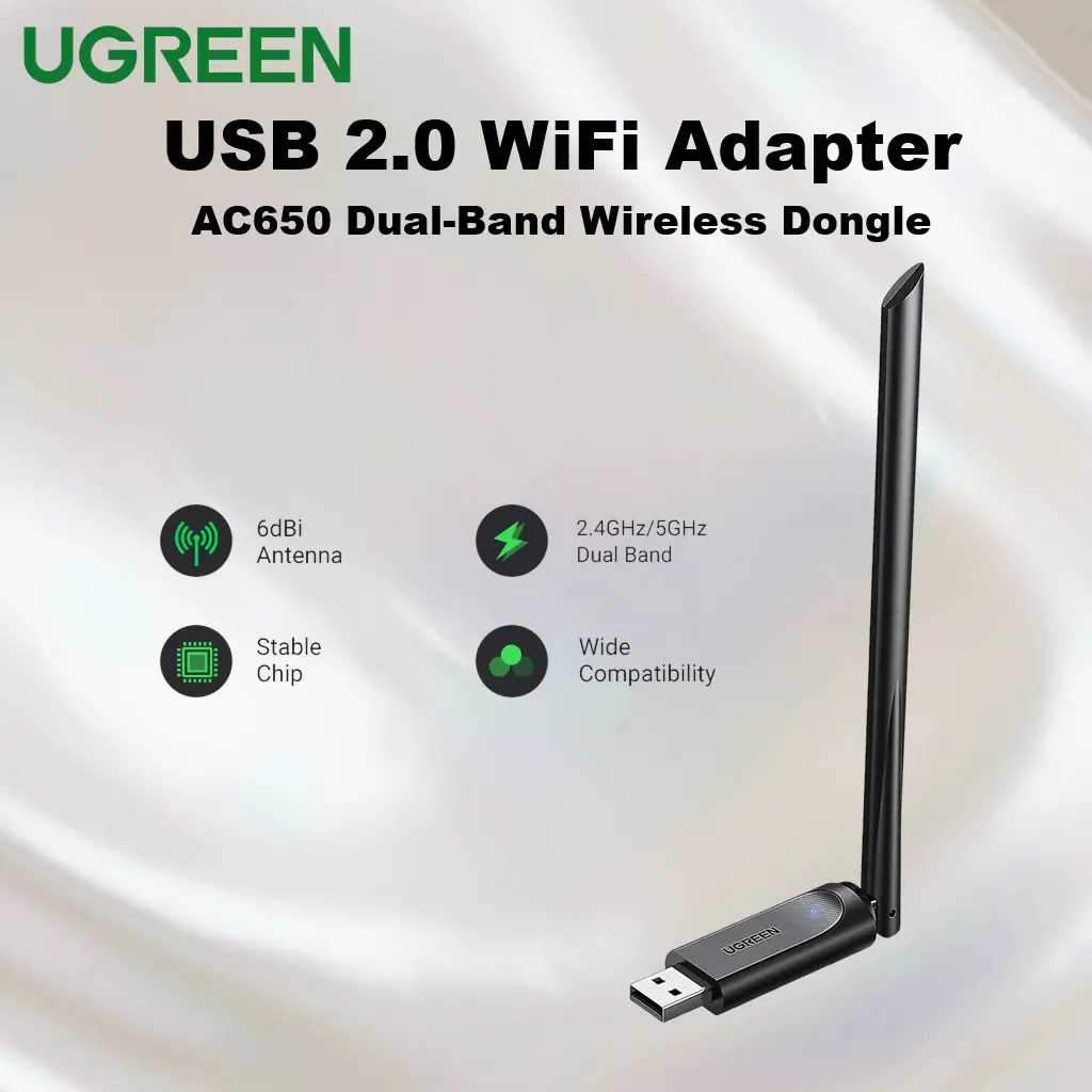 UGREEN-CM496-90339 UGREEN AC650 WIRELESS USB ADAPTER UGREEN USB 2.0 WiFi Adapter AC650 Dual-Band Wireless Dongle with 6dBi High-Gain Rotatable Antenna | 2.4GHz 200Mbps + 5GHz 433Mbps | 802.11ac for PC/Laptop Windows XP–11 | 90302