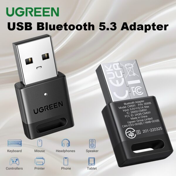 UGREEN-CM591-35995 UGREEN BLUETOOTH 5.3 ADAPTER UGREEN USB Bluetooth 5.3 Adapter for PC Accessories - Plug & Play on Windows 11/10/8.1 | Connect Up to 5 Devices | Bluetooth Receiver & Transmitter for Keyboard, Mouse, Headphones, Speakers, Printer | CM591-35995