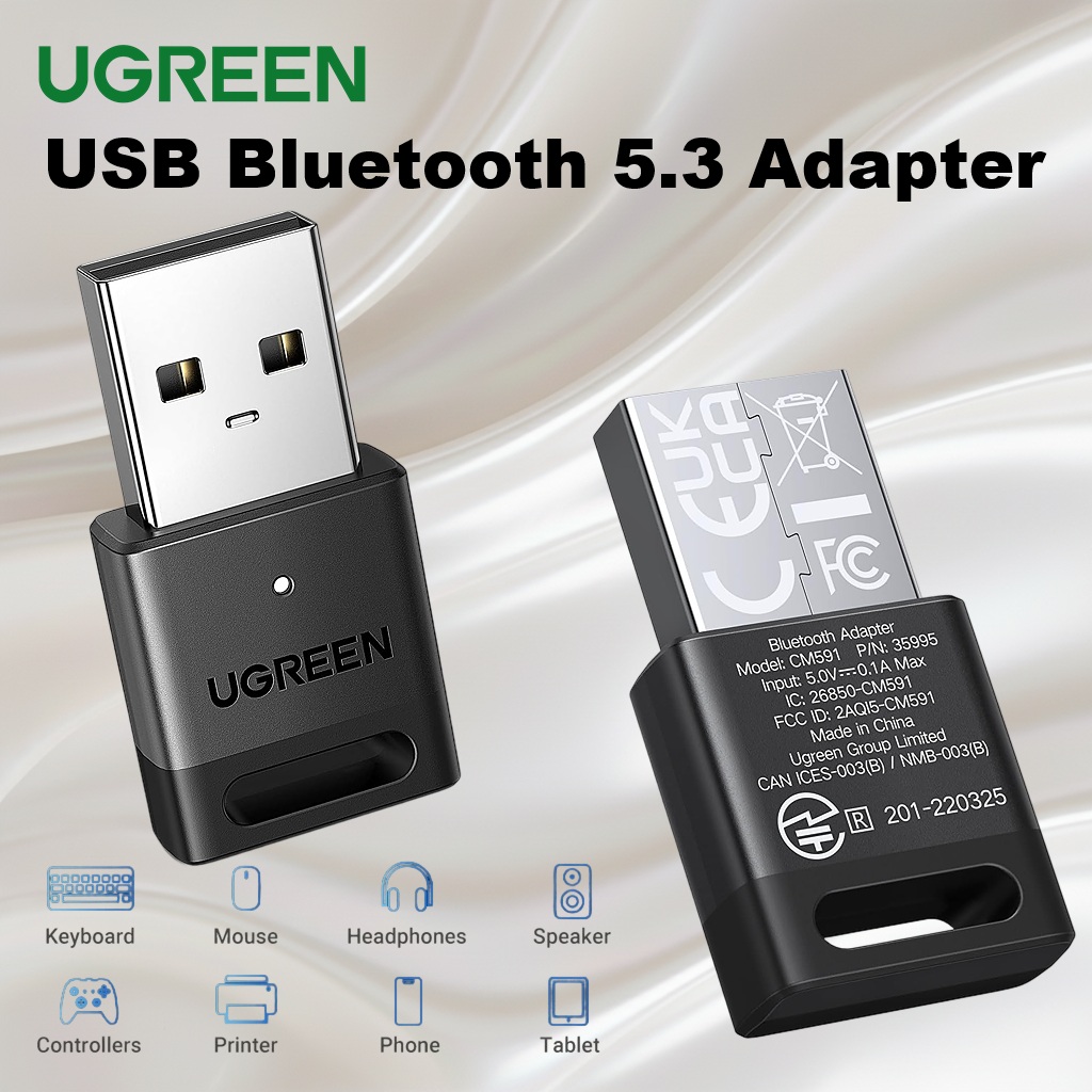 UGREEN-CM591-35995 UGREEN BLUETOOTH 5.3 ADAPTER UGREEN USB Bluetooth 5.3 Adapter for PC Accessories - Plug & Play on Windows 11/10/8.1 | Connect Up to 5 Devices | Bluetooth Receiver & Transmitter for Keyboard, Mouse, Headphones, Speakers, Printer | CM591-35995