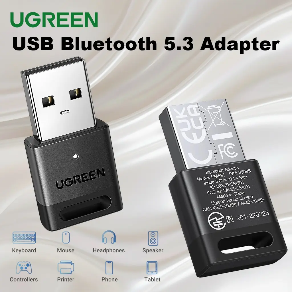UGREEN-CM591-35995 UGREEN BLUETOOTH 5.3 ADAPTER UGREEN USB Bluetooth 5.3 Adapter for PC Accessories - Plug & Play on Windows 11/10/8.1 | Connect Up to 5 Devices | Bluetooth Receiver & Transmitter for Keyboard, Mouse, Headphones, Speakers, Printer | CM591-35995