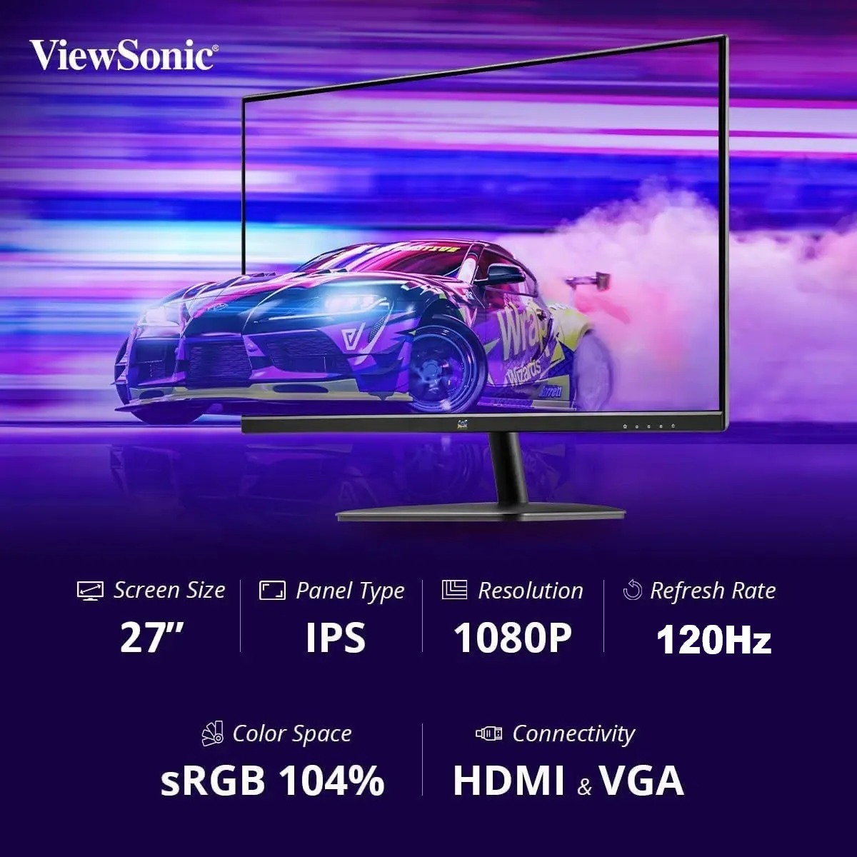 VA2763-H-120HZ ViewSonic 27 inch IPS FHD Monitor 120Hz 1ms ViewSonic VA2736-H 27 inch Full HD Monitor - 120Hz, IPS Technology, 1ms Response, Borderless Design, Low Blue Light and Flicker-Free Technology ; Tilt Adjustable ; VGA , HDMI 1.4 , Audio Out Connectivity