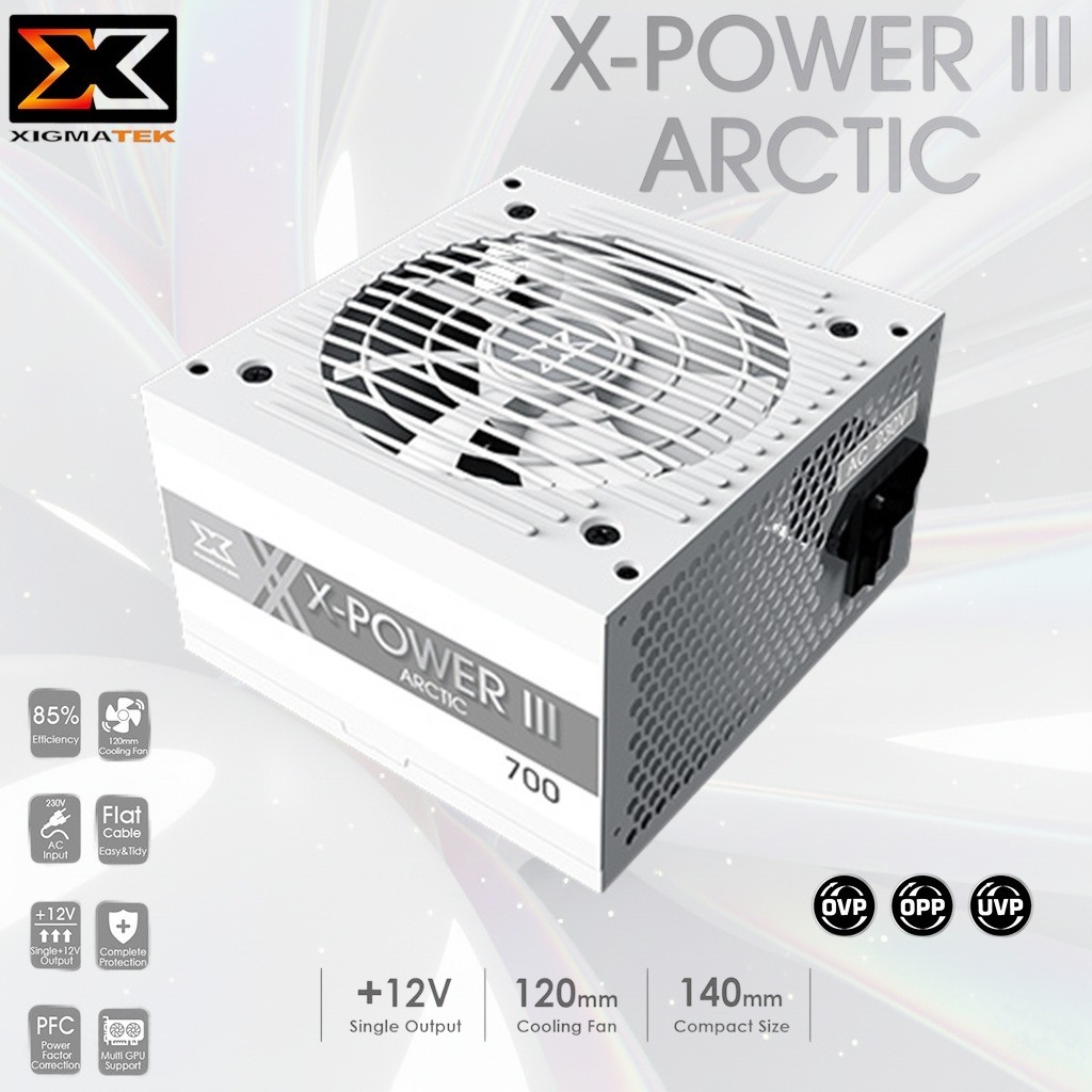 EN44021 XIGMATEK XPOWER III ARCTIC 700W WHITE BLADE FAN Xigmatek X-Power III Arctic 700W 85% Efficiency 80 PLUS White Power Supply – Single +12V Rail, 120mm Silent Fan, Dual CPU & GPU Support, Full Protection Suite, Flat Black Cables