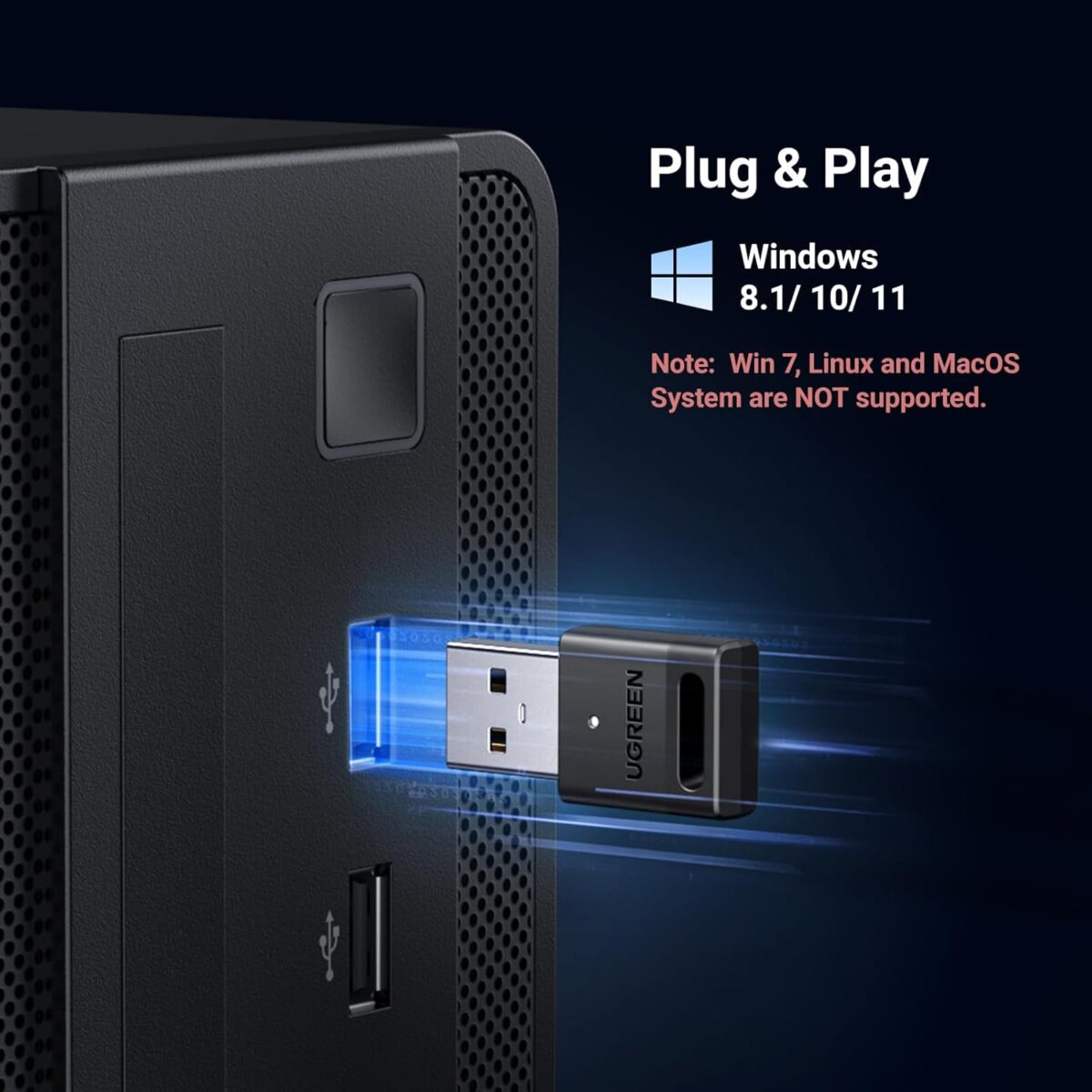 UGREEN-CM591-35995 UGREEN BLUETOOTH 5.3 ADAPTER UGREEN USB Bluetooth 5.3 Adapter for PC Accessories - Plug & Play on Windows 11/10/8.1 | Connect Up to 5 Devices | Bluetooth Receiver & Transmitter for Keyboard, Mouse, Headphones, Speakers, Printer | CM591-35995