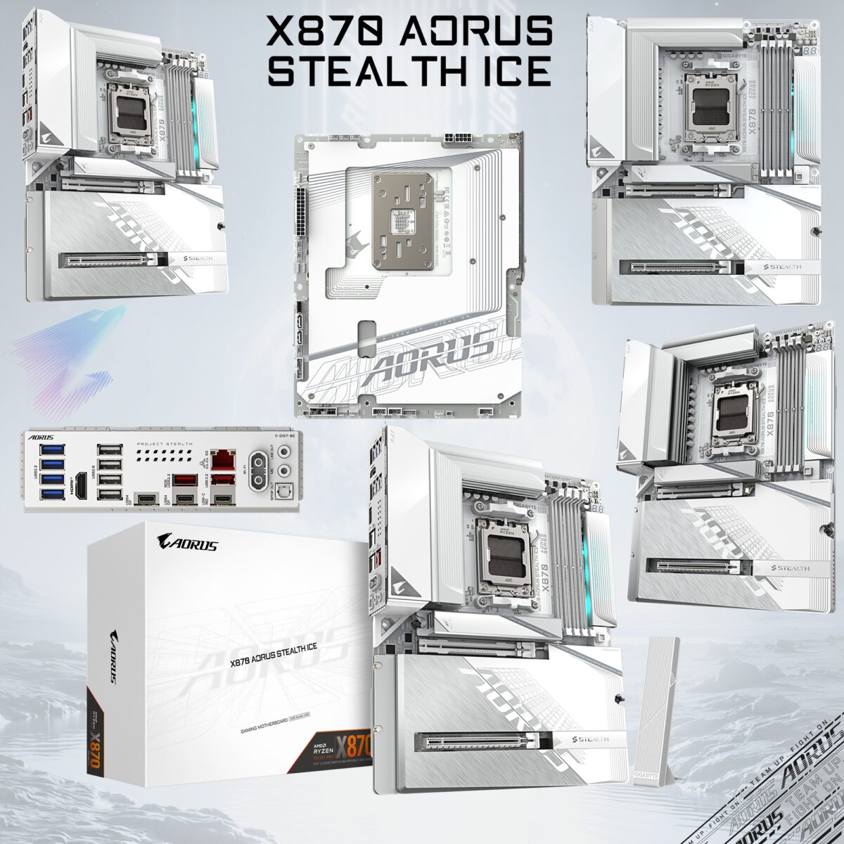 9MX87STLE-00-G10 GIGABYTE X870 AORUS STEALTH ICE AM5 MOTHERBOARD 5GBE LAN WIFI 7 Gigabyte X870 AORUS Stealth ICE AMD AM5 Motherboard With X3D Turbo Mode, DDR5 8200MHz Support, Wi-Fi 7, USB4 Dual Type-C, PCIe 5.0 x16, 4×M.2, Ultra-Durable Build & EZ-Latch Designs | SILVER 