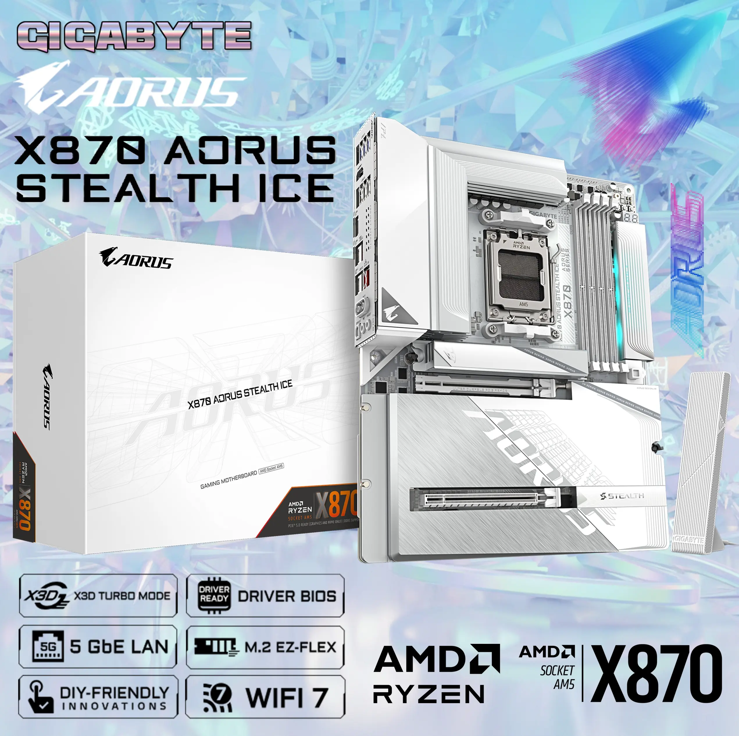 9MX87STLE-00-G10 GIGABYTE X870 AORUS STEALTH ICE AM5 MOTHERBOARD 5GBE LAN WIFI 7 Gigabyte X870 AORUS Stealth ICE AMD AM5 Motherboard With X3D Turbo Mode, DDR5 8200MHz Support, Wi-Fi 7, USB4 Dual Type-C, PCIe 5.0 x16, 4×M.2, Ultra-Durable Build & EZ-Latch Designs | SILVER 
