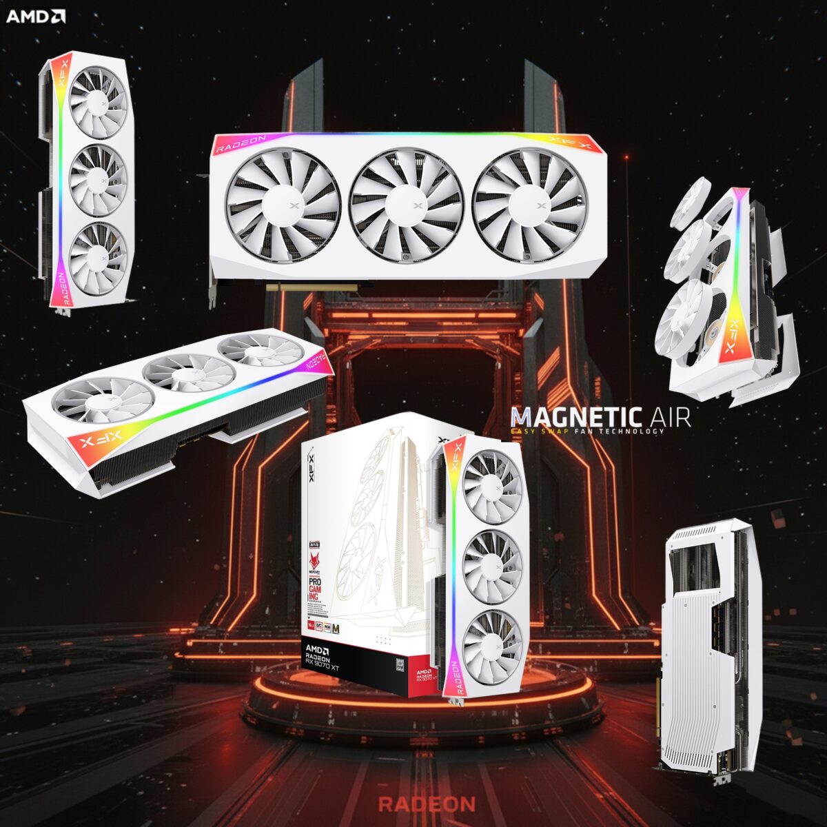 RX-97TMARGW9 XFX MERCURY AMD RADEON RX 9070XT OC WHITE MAGNETIC AIR EDITION WITH RGB XFX Mercury AMD Radeon RX 9070XT OC White Magnetic Air Edition 16GB GDDR6 GPU With Vapor Chamber, Magnetic Air Fans, ARGB Strip, 3100MHz Boost, PCIe 5.0, RDNA 4 Architecture |  WHITE ~ RX-97TMARGW9