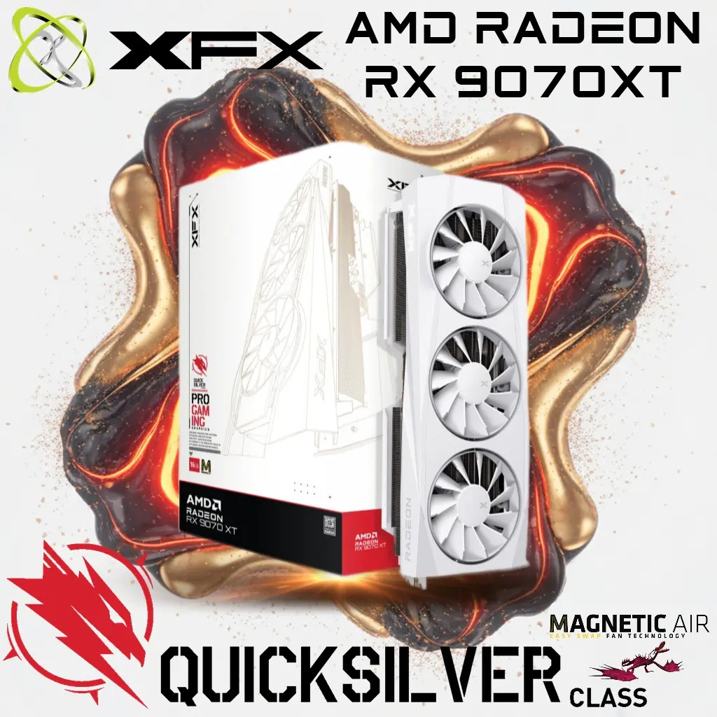 RX-97TMAQKW9 XFX QUICK SILVER AMD RADEON RX 9070XT WHIT MAG 16GB XFX Quicksilver AMD Radeon RX 9070 XT White Magnetic Air Edition – 16GB GDDR6 20Gbps, 2970MHz Boost, PCIe 5.0, 3-Fan Magnetic Air Cooling, DP2.1 HDMI2.1, RDNA 4 GPU | RX-97TMAQKW9
