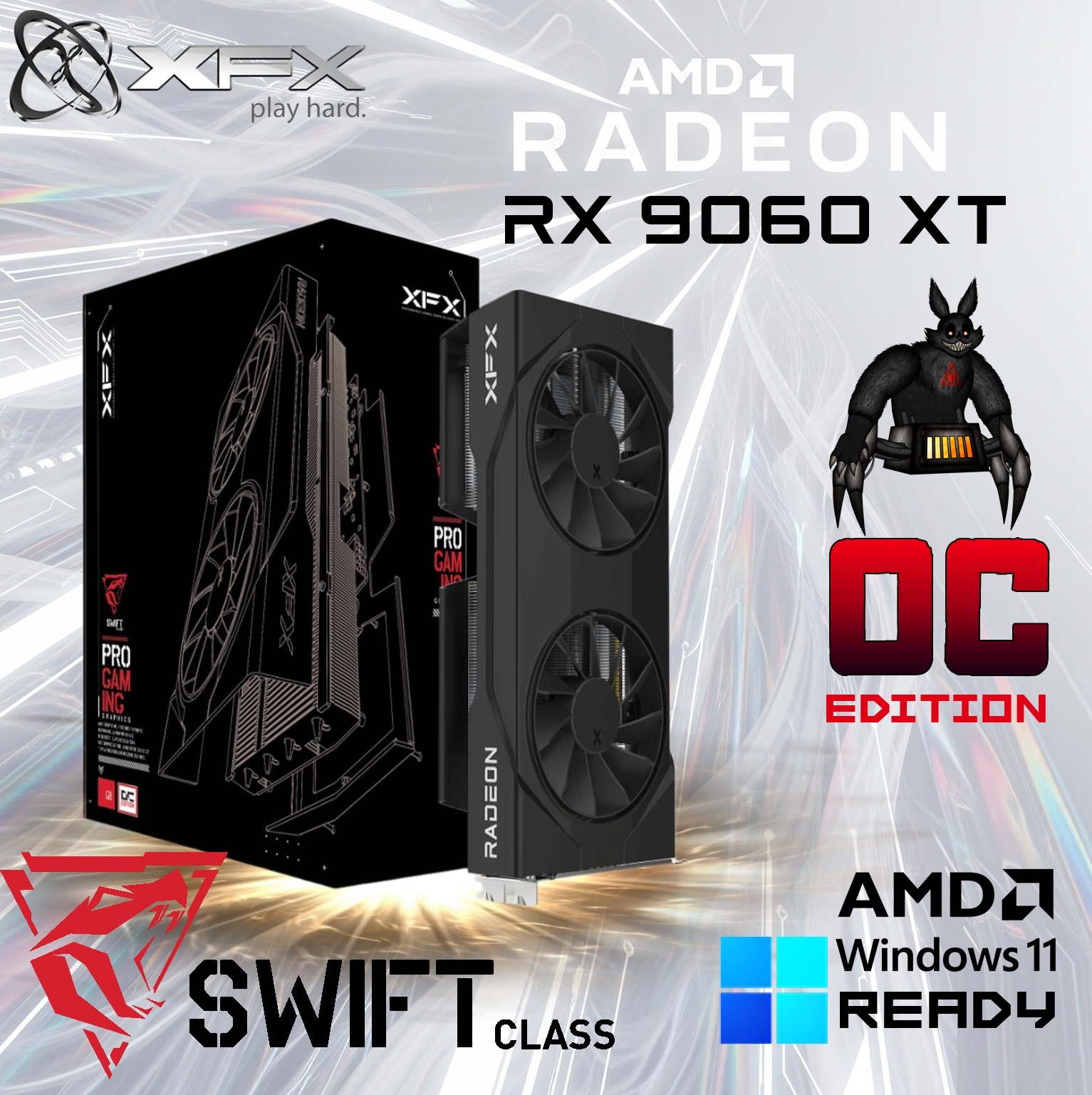 RX-96TSW8GBQ XFX SWIFT AMD RADEON RX 9060XT OC 8GB 2XDP XFX Swift AMD Radeon RX 9060 XT OC Gaming Edition 8GB GDDR6 Graphics Card With 3320MHz Boost Clock, 20Gbps Memory Speed, Dual-Fan Cooling, PCI-E 5.0, DP 2.1 & HDMI 2.1 Outputs | BLACK ~ RX-96TSW8GBQ