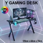 GAMINGDESK-NAZOLIN2 Gaming Desk RGB 120x60x72cm – Black & White Gaming Desk With Y-Shaped Legs, RGB Lighting With 9 Modes, Carbon Fiber Texture Surface, 120×60 cm Space, Cable Box + Headphone & Cup Holders, 18mm MDF Board Build | BLACK 