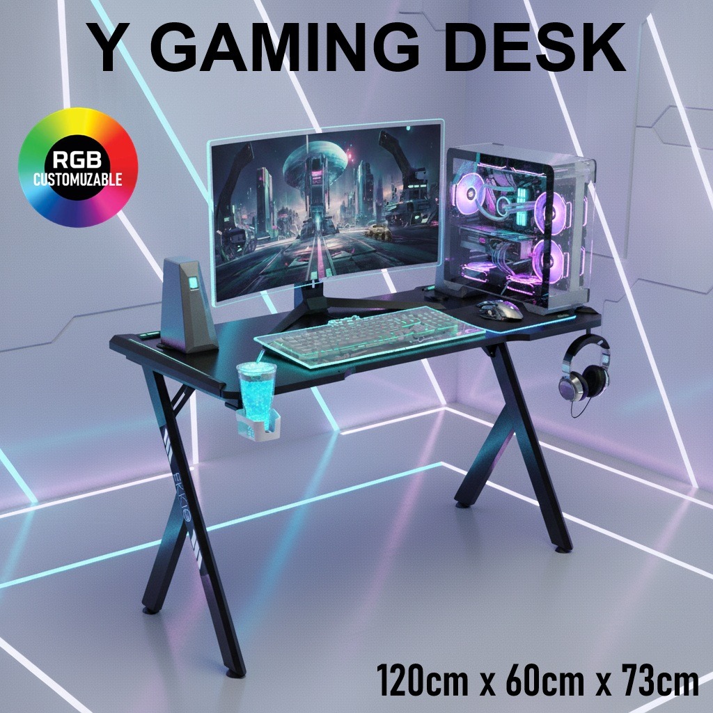 GAMINGDESK-NAZOLIN2 Gaming Desk RGB 120x60x72cm – Black & White Gaming Desk With Y-Shaped Legs, RGB Lighting With 9 Modes, Carbon Fiber Texture Surface, 120×60 cm Space, Cable Box + Headphone & Cup Holders, 18mm MDF Board Build | BLACK 