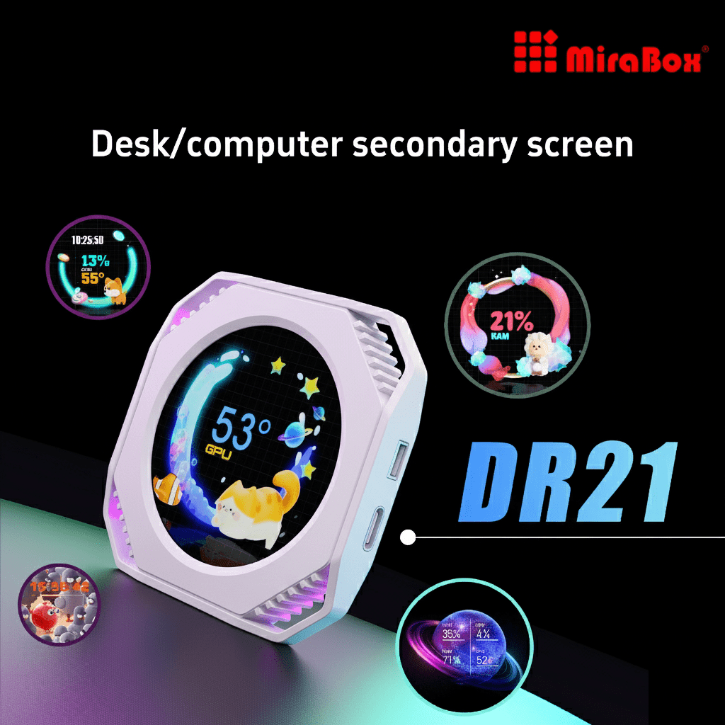 MIRABOX-DR21-WHITE 2.1" LCD SECONDARY SCREEN MINI DISPLAY DR21 Mini Screen 2.1-Inch Type-C LCD Water-Cooling Auxiliary Display With 480×480 Resolution, USB One-Wire Link, IPS Metal Build, 1000+ Themes, Dynamic Video, DIY Carousel & Win7+ Support | WHITE ~ MIRABOX-DR21