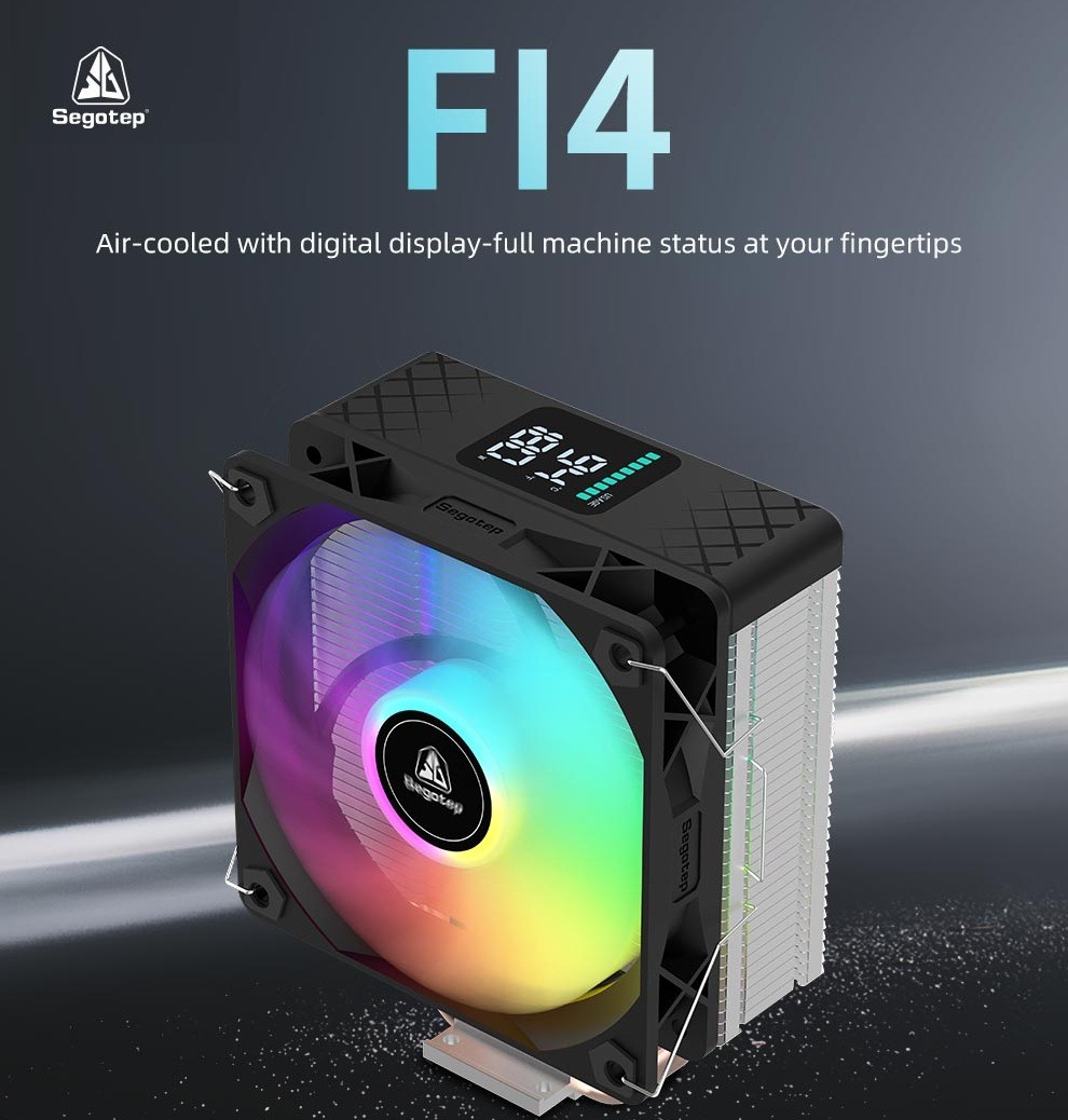 Segotep FI4 Digital Black Air Cooler with 4 Copper Heat Pipes, 120mm PWM ARGB Fan, Detachable Real-Time CPU Status Display, 180W TDP Cooling for Intel LGA1700 & AMD AM5 Systems
