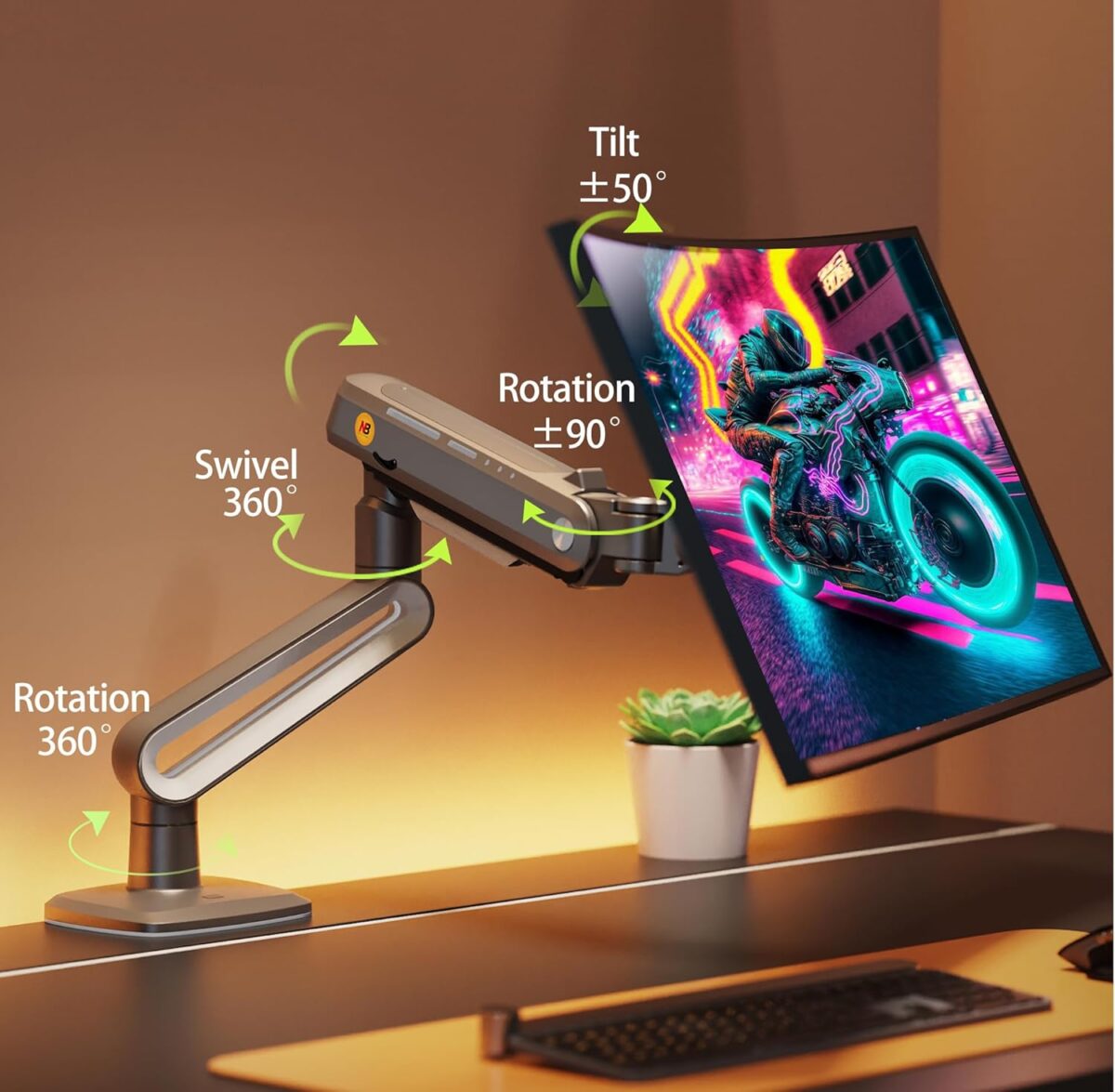 NB-A6 NB A6 Gaming Monitor Arm – Supports 27" to 50" NB A6 Gaming Monitor Arm For 27″–50″ Flat - Ultrawide - Curved Displays ; 18KG Max Load ; 360° Rotation ; Mechanical Spring ; Ergonomic Design ; C-Clamp & Grommet Mount With Cable Management