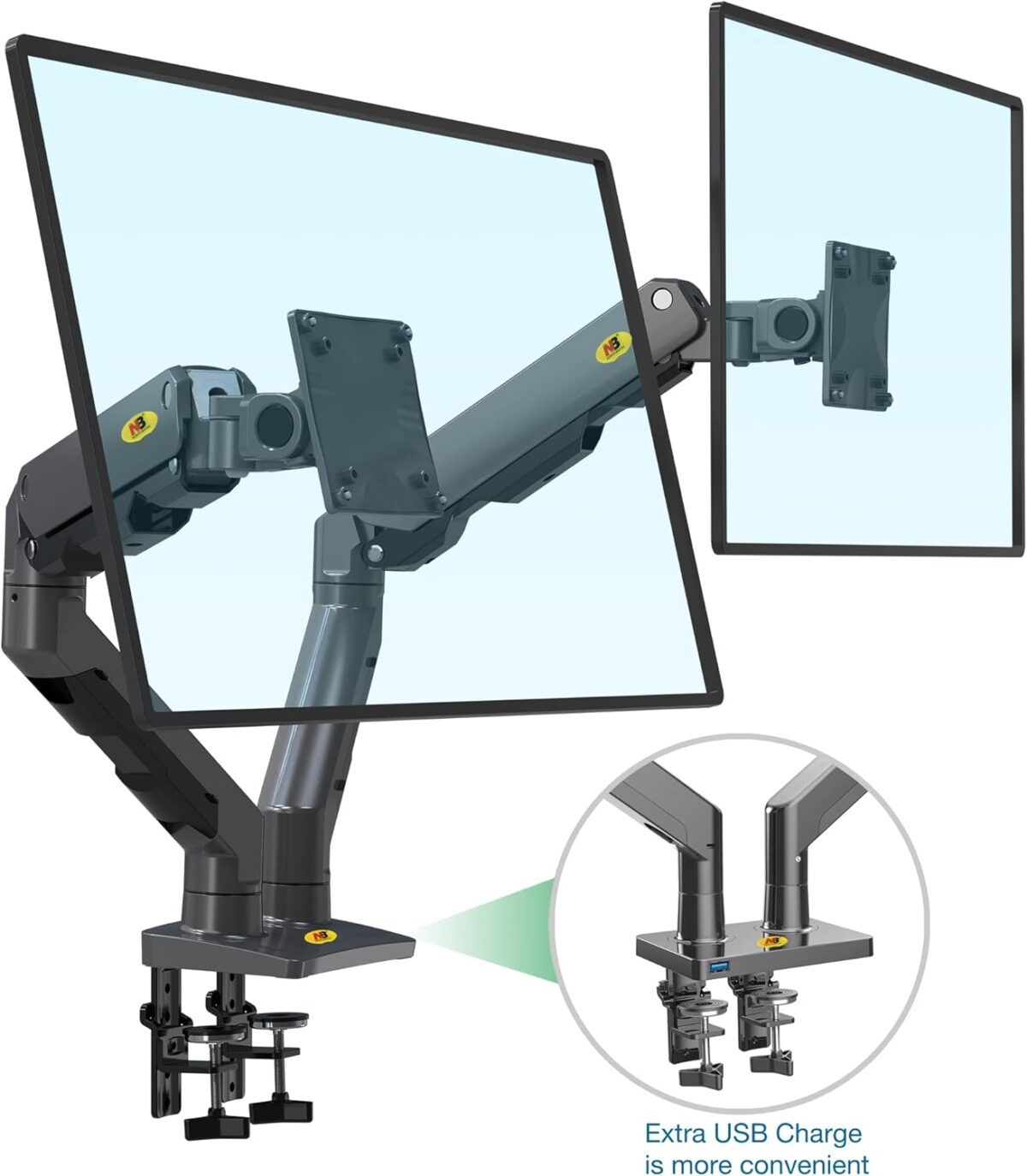 NB-H100-FP NB H100 FP Swivel 22-35" Monitor Monitor Desk Mount NB G55  Dual Monitor Arm For 27″–34″ Screens , 16KG Load Per Arm , Full Motion 360° Rotation, ±90° Swivel, +15°/-60° Tilt , Gas Spring Height Adjustment , C-Clamp & Grommet Mount With Cable Management 
