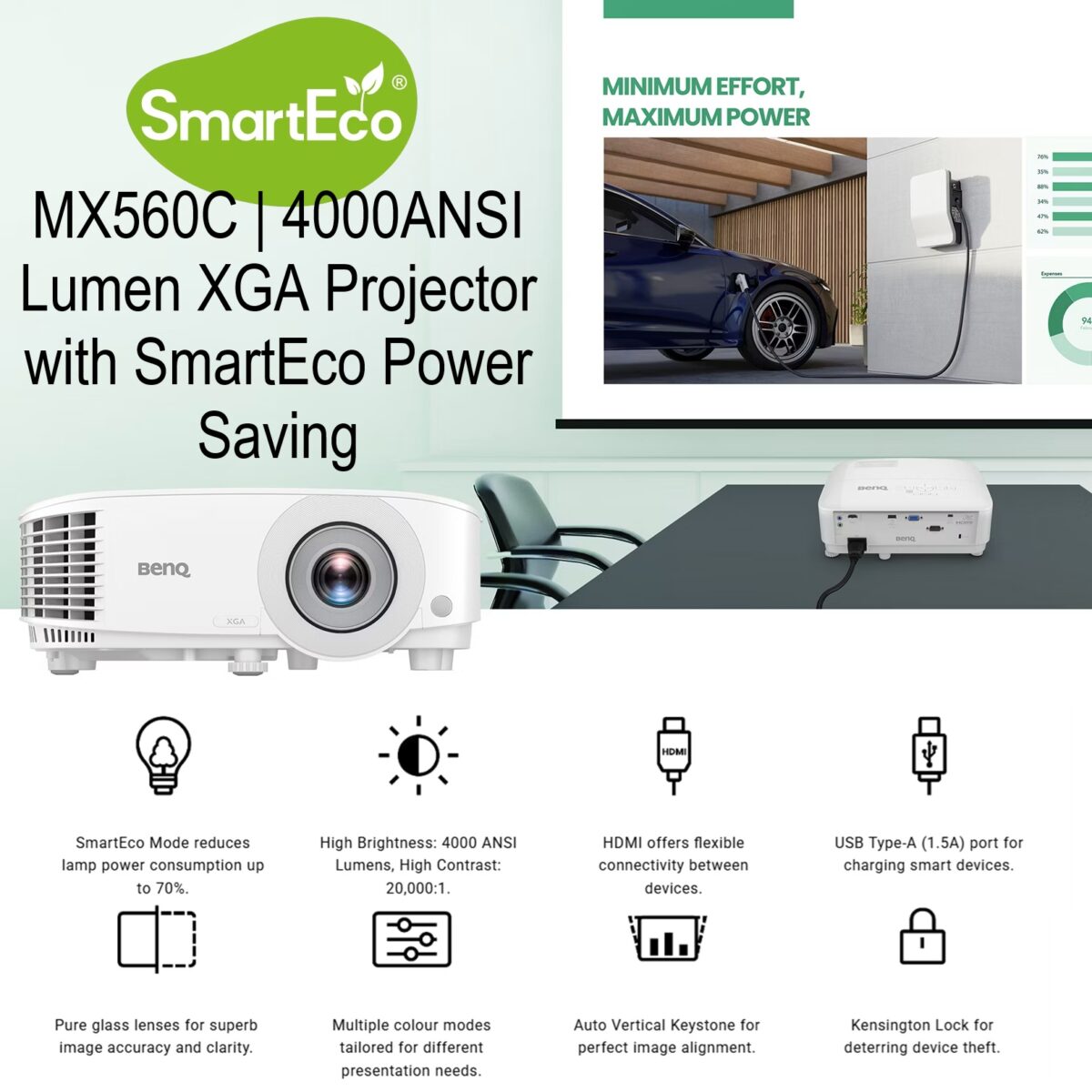 BENQ-MX560C BENQ PROJECTOR MX560C 4000 LUMENS GA BenQ MX560C XGA Projector 4000 ANSI Lumens – 20,000:1 Contrast, SmartEco Power Saving, Auto Keystone, HDMI & USB Connectivity, 10W Speaker, 7 Color Modes