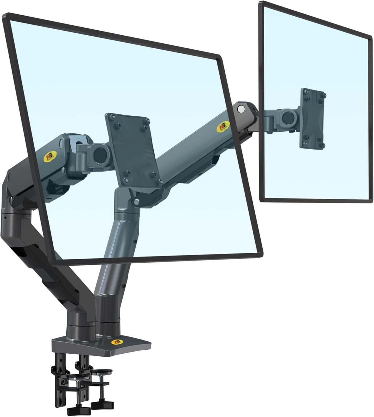 NB-H100-FP NB H100 FP Swivel 22-35" Monitor Monitor Desk Mount NB G55  Dual Monitor Arm For 27″–34″ Screens , 16KG Load Per Arm , Full Motion 360° Rotation, ±90° Swivel, +15°/-60° Tilt , Gas Spring Height Adjustment , C-Clamp & Grommet Mount With Cable Management 