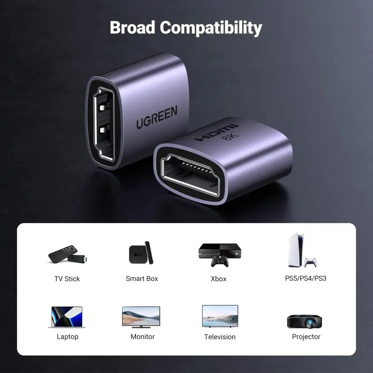 UGREEN-HD159-90592 UGREEN HDMI EXTENDER HDMI TO HDMI 8K UGREEN 8K HDMI Female To Female Extender Adapter –  HDMI 2.1, 8K@60Hz, HDR10+, 3D Support, Up To 10m Extension, Space Gray Aluminum Alloy Build | HD159 90592 