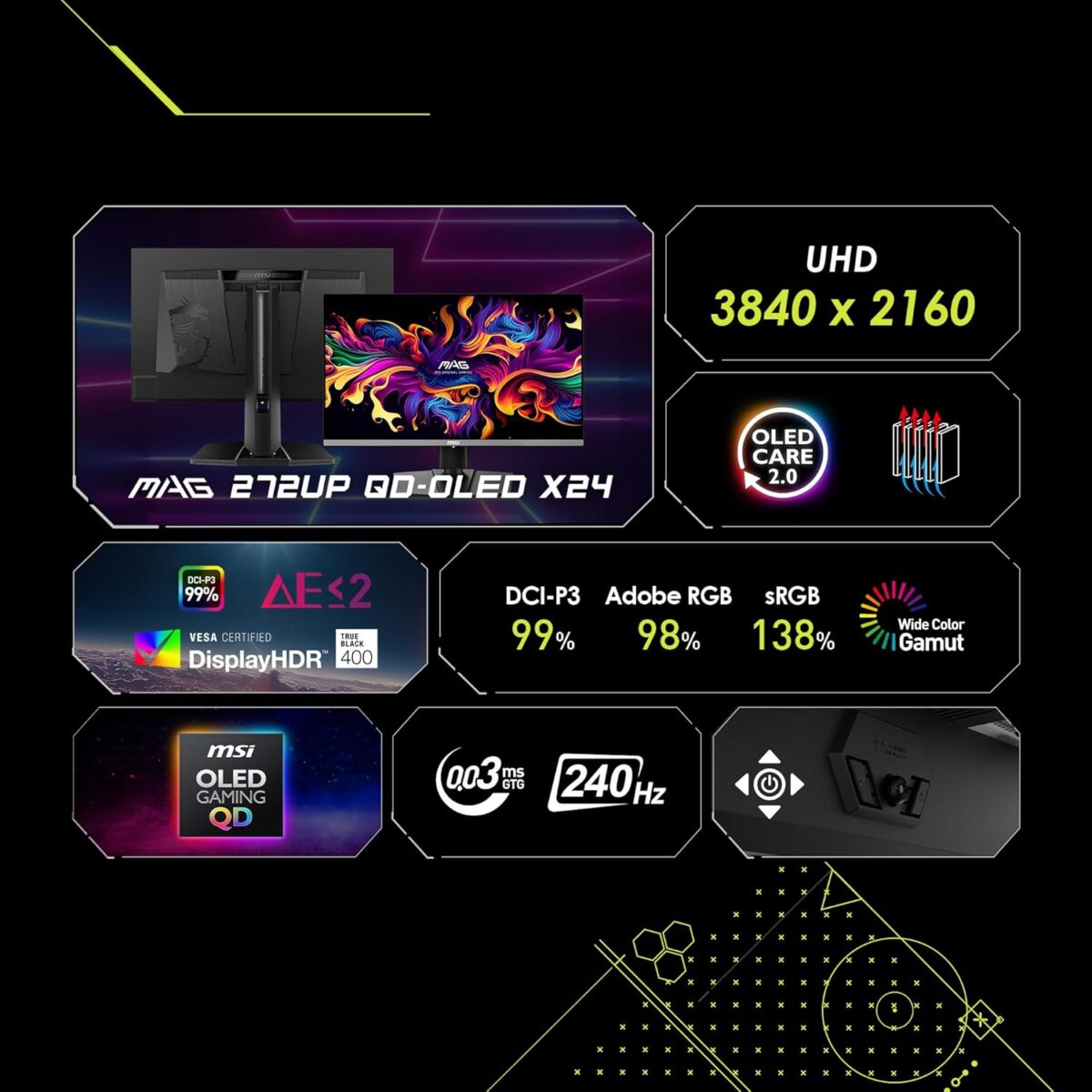 MAG 272UP QD-OLED X24 MSI MAG 272UP QD-OLED X24 MSI MAG 272UP QD-OLED X24 26.5-inch 4K UHD Gaming Monitor – 240Hz, 0.03ms GtG, 4th-Gen QD-OLED Panel, AMD Adaptive-Sync, HDR True Black 400, ClearMR 13000, OLED Care 2.0, HDMI 2.1 , 4-Way Adjustable Stand