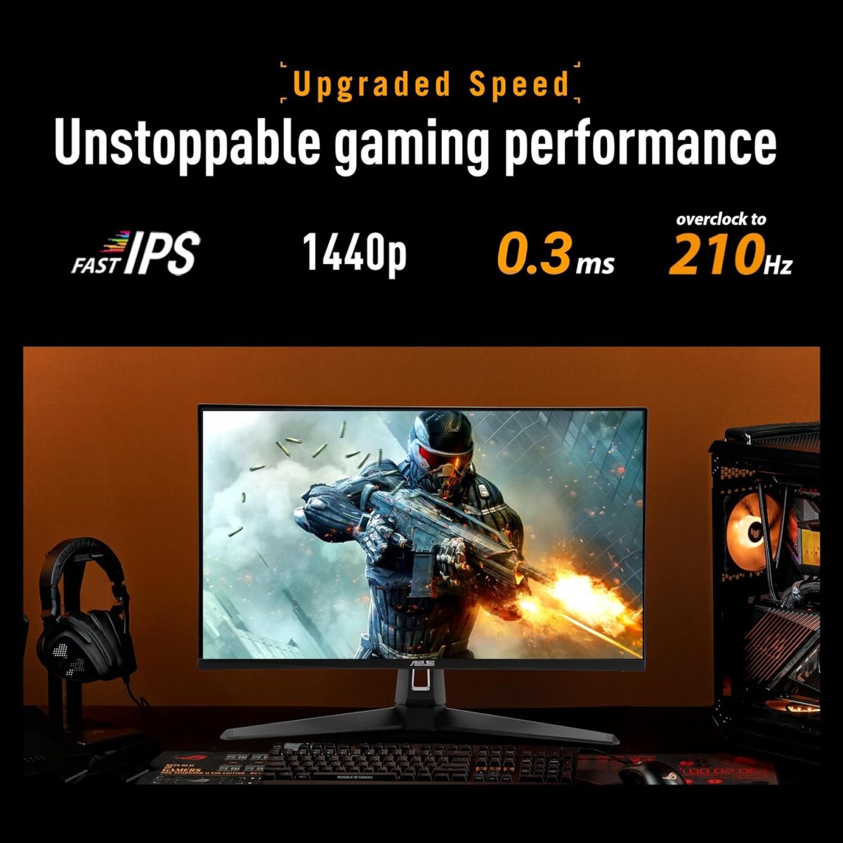 VG27AQL5A ASUS TUF Gaming Series 5 - VG27AQL5A Gaming Monitor – 27-inch, QHD(2560x1440), 210Hz(OC), Fast IPS, ELMB SYNC, 0.3ms GTG (min.), Stereo speaker, DisplayWidget Center, Gaming AI, Height Adjustment