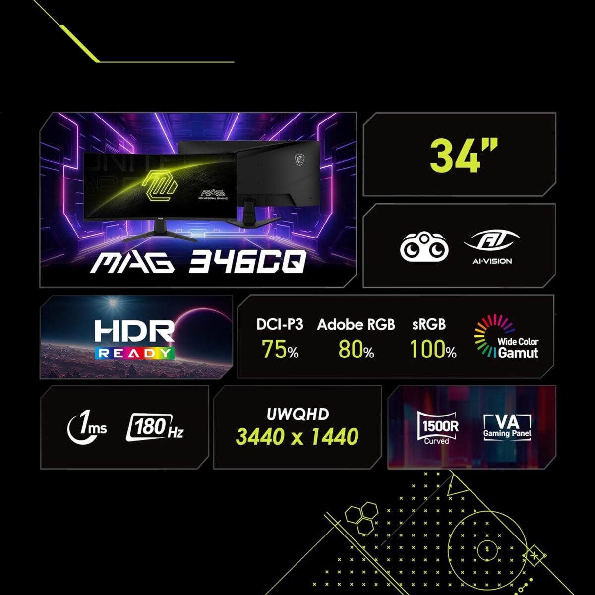 MSI MAG 346CQ 34-inch 3440 x 1440 (UWQHD) Gaming Monitor, 180Hz, Adaptive-Sync, HDMI, DisplayPort, VESA Mountable, Tilt, Height Adjustable, Speaker, 1ms, Black