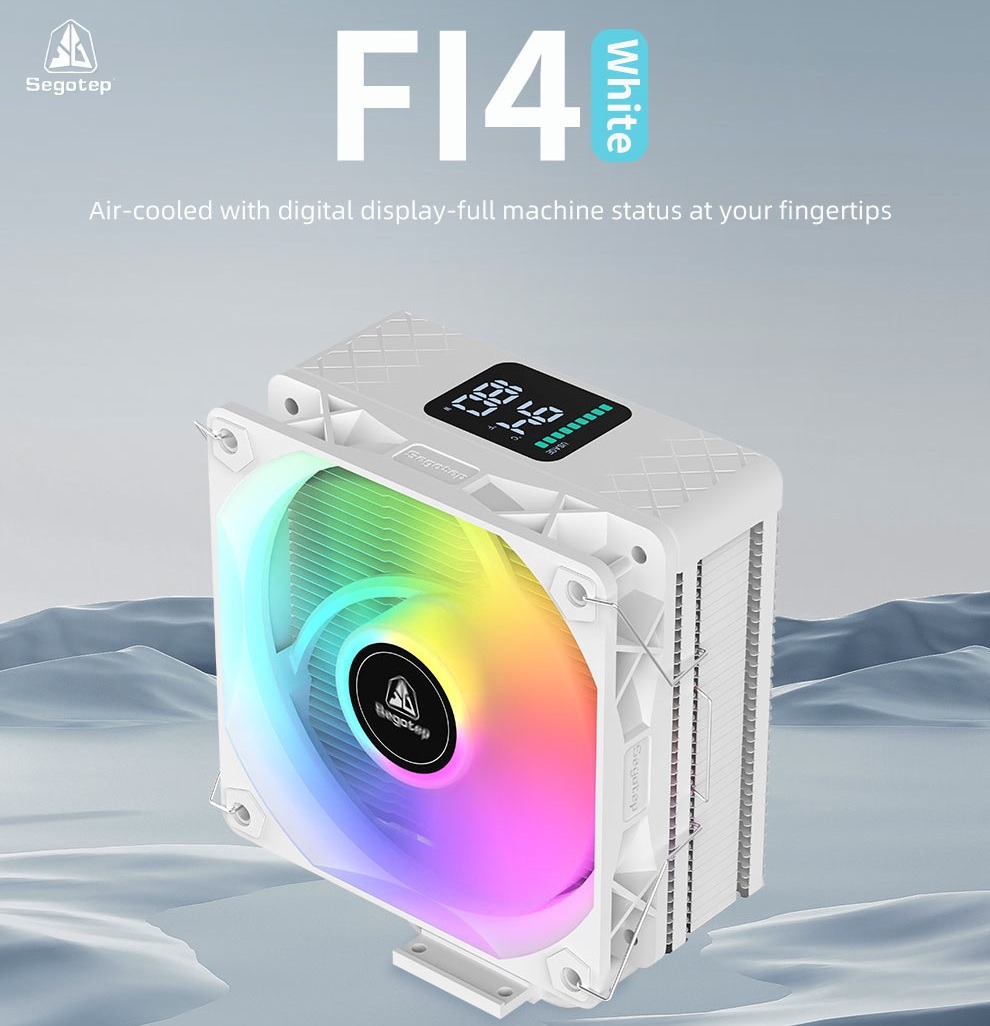 Segotep FI4 Digital White Air Cooler with 4 Copper Heat Pipes, 120mm PWM ARGB Fan, Detachable Real-Time CPU Status Display, 180W TDP Cooling for Intel LGA1700 & AMD AM5 Systems