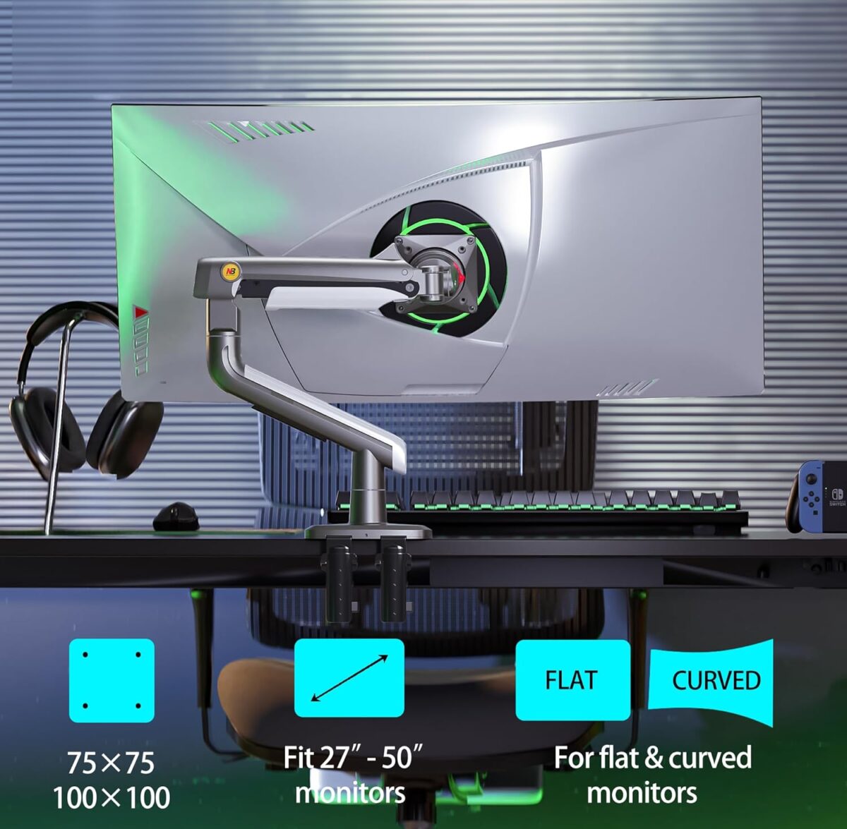 NB-A5 NB A5 Gaming Monitor Arm – Supports 27" to 50" NB A5 Gaming Monitor Arm For 27″–50″ For  Flat - Ultrawide - Curved Displays ; 18KG Max Load ; 360° Rotation ; Ergonomic Mechanical Spring Arm ; C-Clamp & Grommet Mount With Cable Management