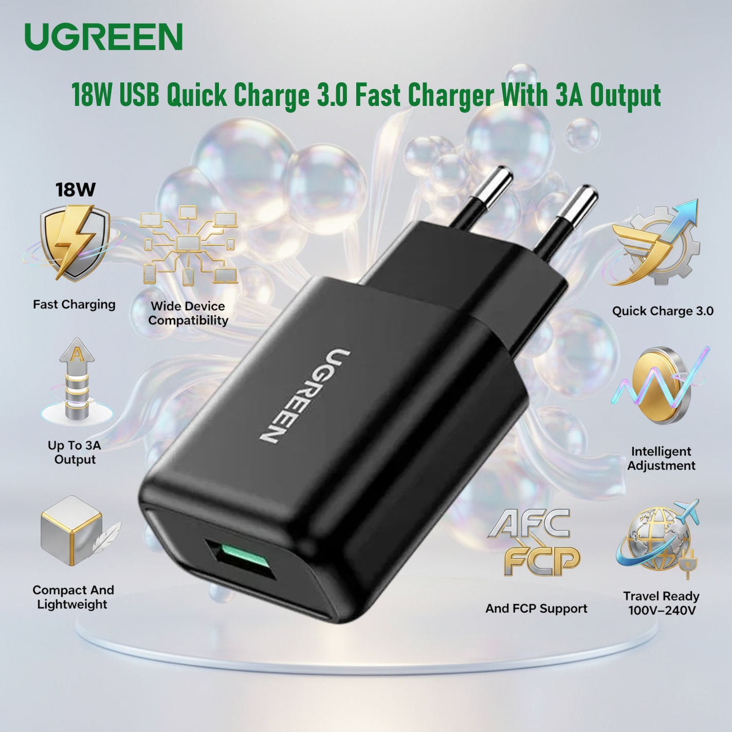 UGREEN 18W USB Quick Charge 3.0 Fast Charger With 3A Output, AFC And FCP Support, Fireproof ABS Housing, Intelligent Charging And Compact Travel Design | CD122-70273