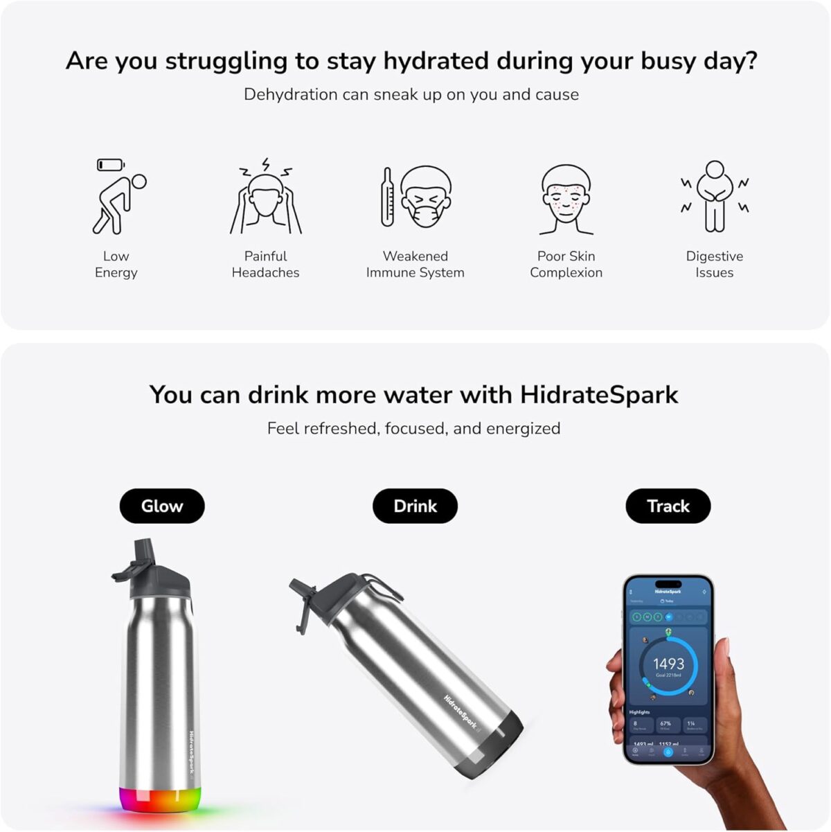 Hidrate Spark PRO Smart Water Bottle – Insulated Stainless Steel – Tracks Water Intake with Bluetooth, LED Glow Reminder When You Need to Drink – Straw Lid, 21oz, Brushed Steel - Image 2
