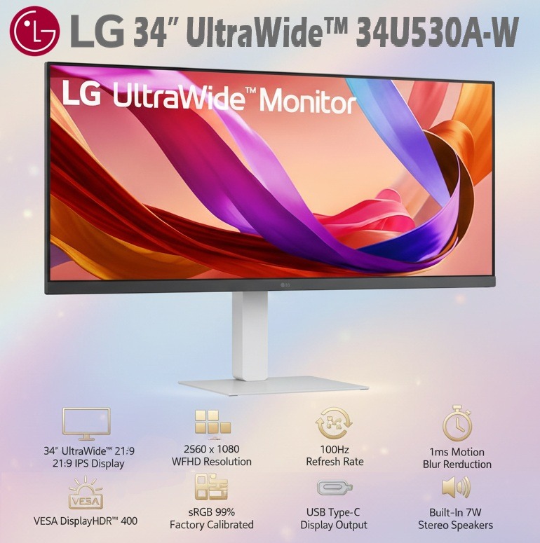 LG 34U530A-W 34-inch UltraWide WFHD (2560 x 1080) IPS Wide Computer Monitor, 100Hz, VESA DisplayHDR 400, HDMI, DisplayPort, USB Type-C, Tilt/Height/Swivel Stand, White