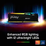 Kingston Fury Beast RGB 16GB DDR5 RGB Desktop Memory Single Module , 6400MT/s Speed, CL32 1.4V DIMM , Intel XMP 3.0 and AMD EXPO, Aluminum Heat Spreader | Black ~ KF564C32BBEA-16